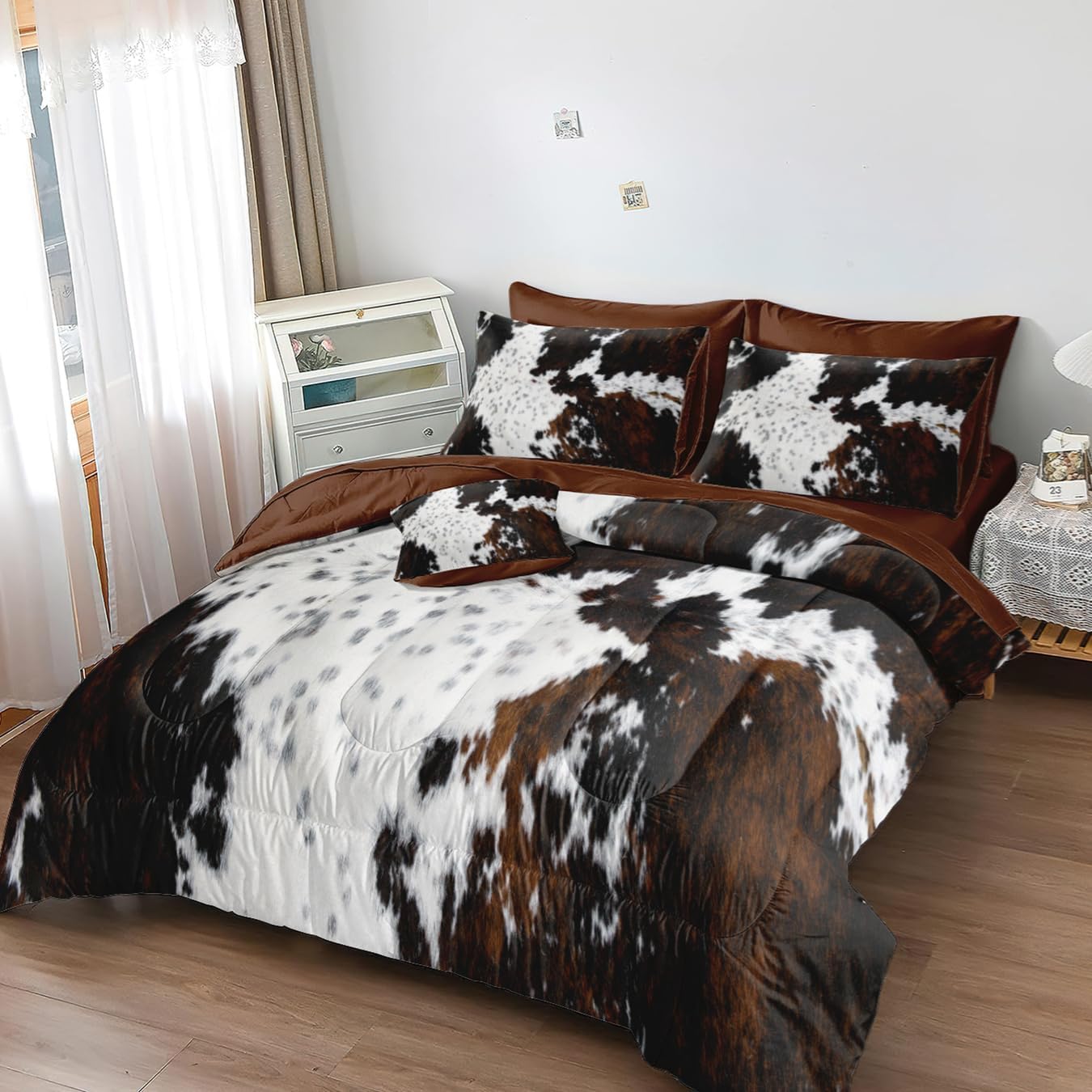 MUGINYU Brown Cowhide Comforter Set Queen, 8 Pieces Bed in a Bag Black White Cow Skin Print Western Farmhouse Animal Fur Bedding Set - Image 3