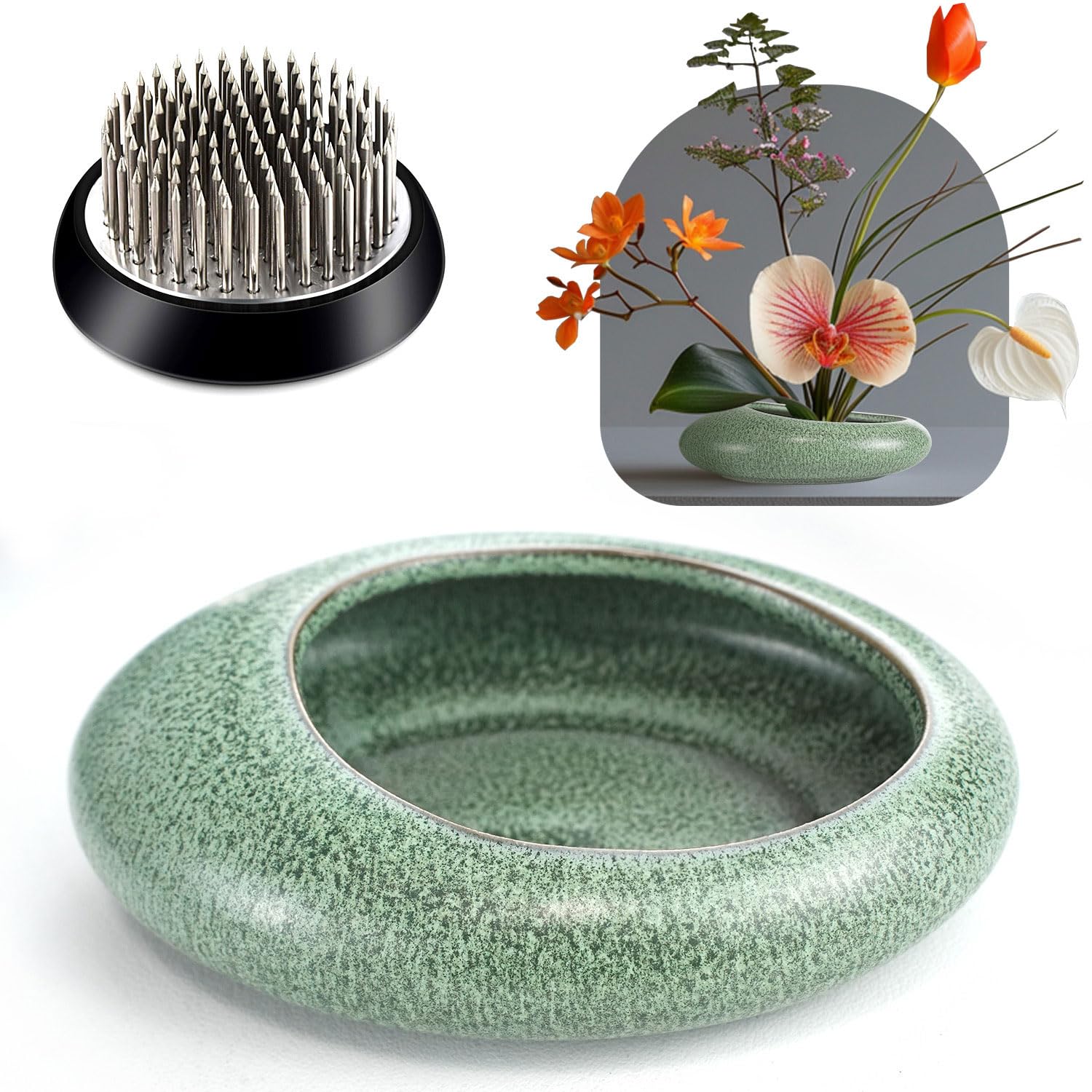 IKEBANA Frog Ceramic Vase Kit for Flower Arrangement (Green, Small)