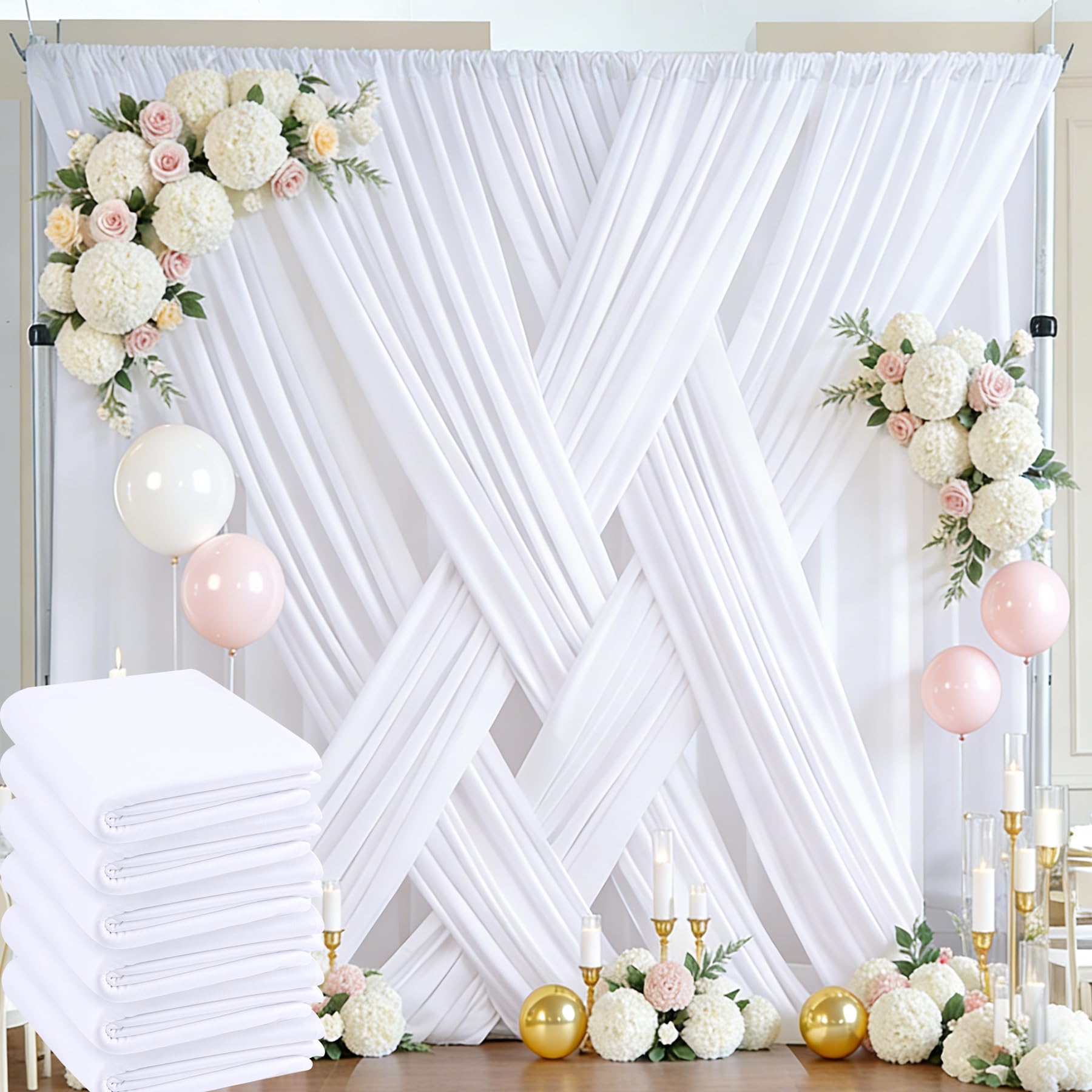 Lot de 6 Panneaux de Rideaux épais et infroissables en Polyester pour fête, Mariage, Anniversaire, Photographie, décoration d'intérieur - 9,1 x 3 m - Blanc