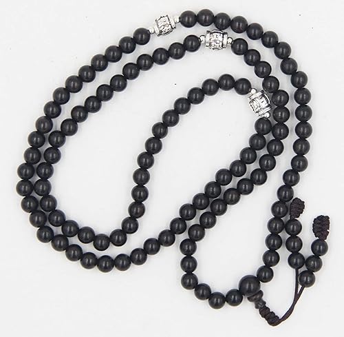 Miniatura 4 de Meditación tibetana 108 cuentas de madera de ébano, cuentas de oración, rosario, cuentas de gurú plateadas, espaciadores (0.236in)