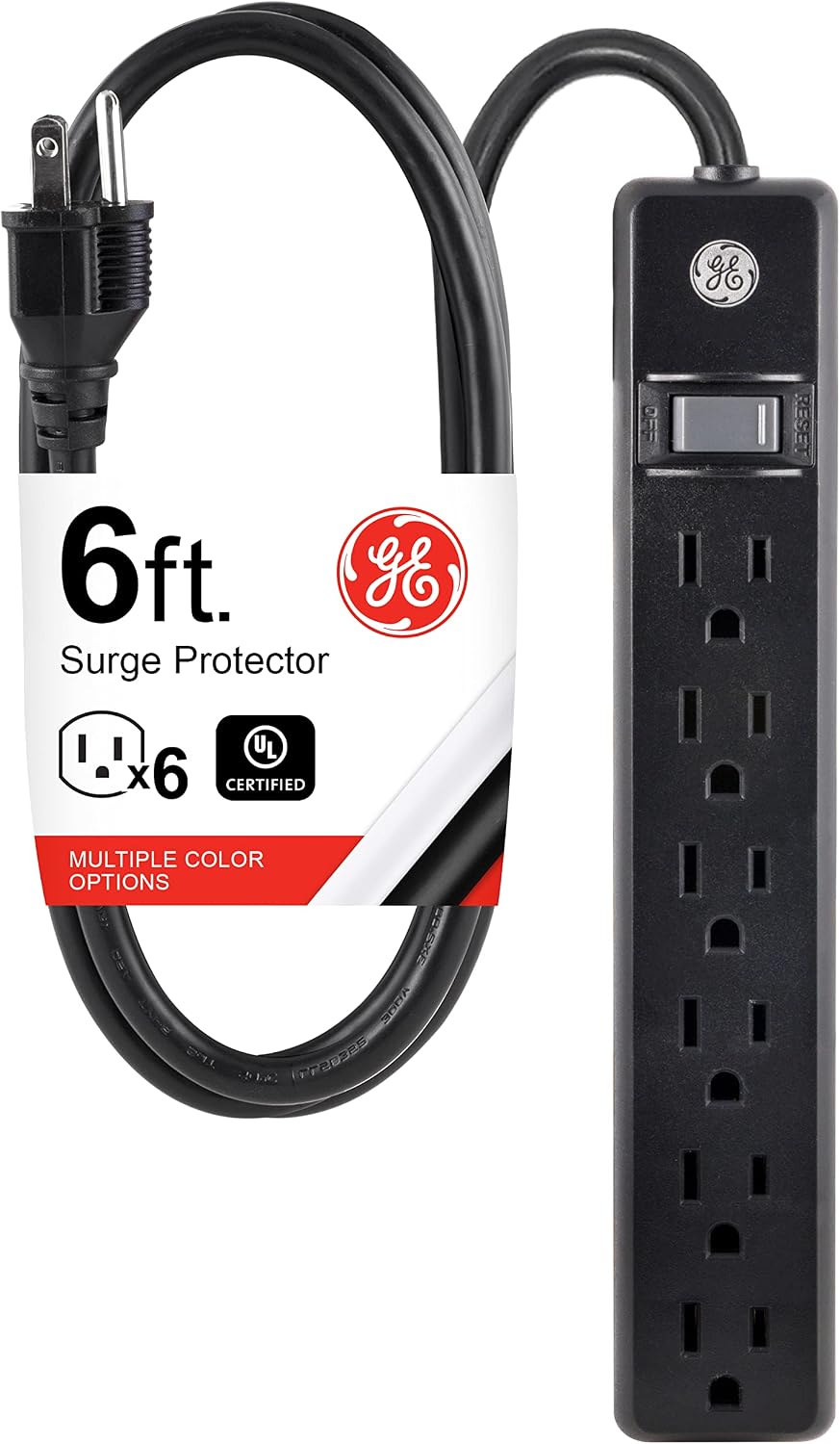GE 6-Outlet Power Strip, 6 Ft Extension Cord, Heavy Duty Plug, Grounded, Integrated Circuit Breaker, 3-Prong, Wall Mount, UL Listed, Black, 14088