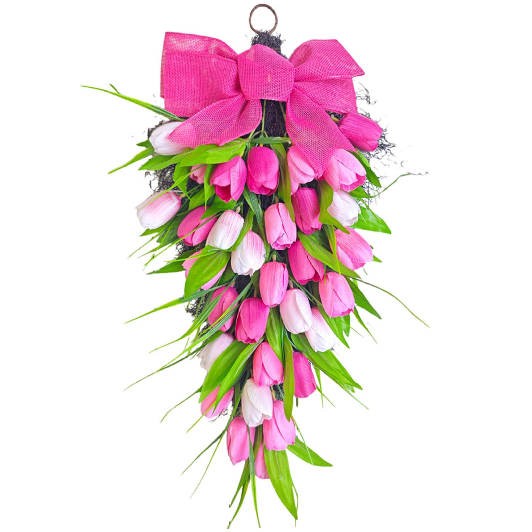 Bemonew Teardrop Wreath, Artificial Flower Wreath with Bow, Elegant Tulips Spring Wreaths for Mothers Day Decorations Home Door Wall