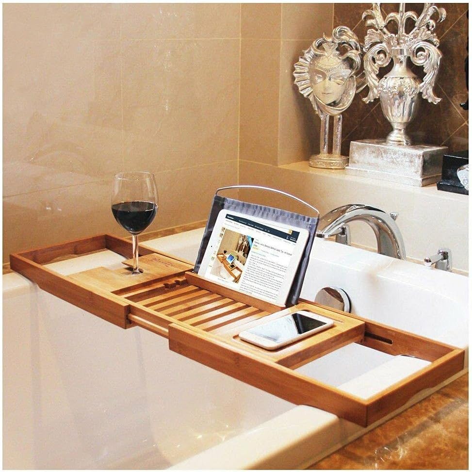 Bamboo Bathtub Caddy Tray Extendable Luxury Spa Organizer with Folding Sides Natural Ecofriendly Wood Integrated Tablet Smartphone Wine Book Holders