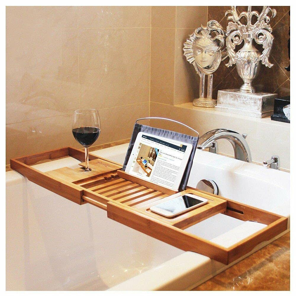 Bamboo Bathtub Caddy Tray Extendable Luxury Spa Organizer with Folding