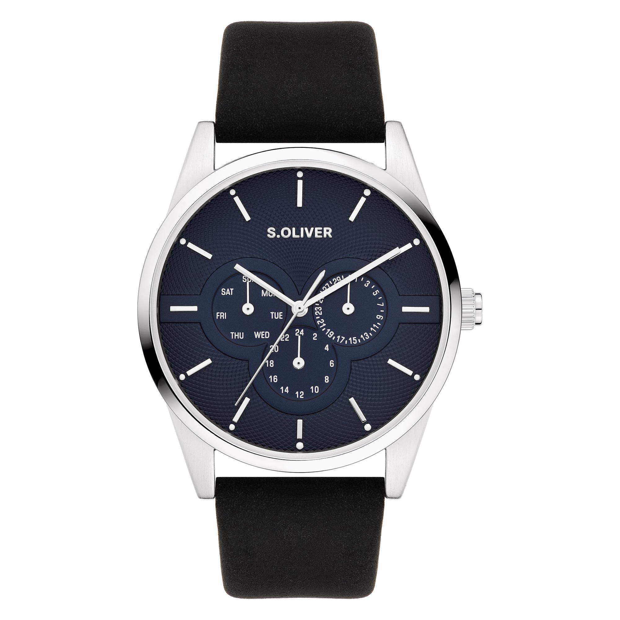 s.Oliver Men's Watch – Round – Silver – 42 mm – Metal Watch with Quartz Movement on Faux Leather Strap with Folding Clasp – Analogue Watch – 3 ATM Waterproof – Scratch-Resistant
