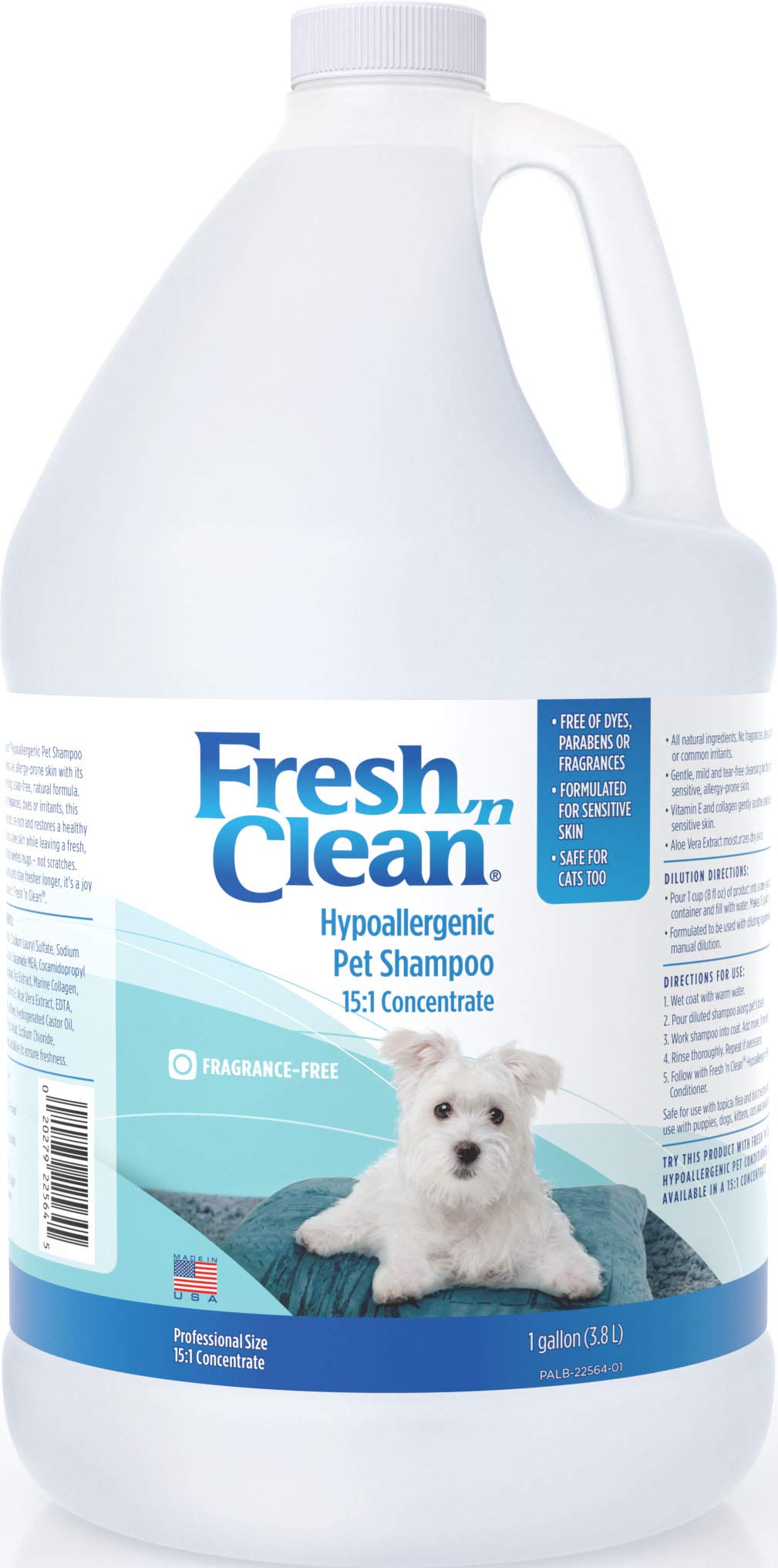 Pet-Ag Fresh 'n Clean Hypoallergenic Pet Shampoo (15:1 Concentrate) - 1 Gallon - Formulated for Sensitive Skin with Aloe Vera & Vitamin E - Safe for Dogs & Cats - Soap Free & Fragrance Free