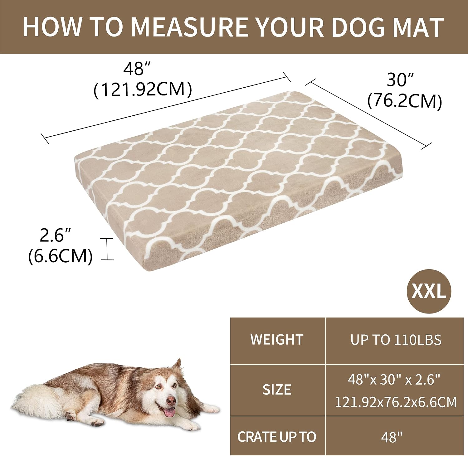 KROSER 24"/30"/36"/42"/48" Reversible Dog Bed (Warm&Cool) Stylish Pet Mattress Bed with Water Absorbing & Waterproof Linings, Removable Machine Washable Cover, Firm Support Pet Mat for Dogs 25-110lbs