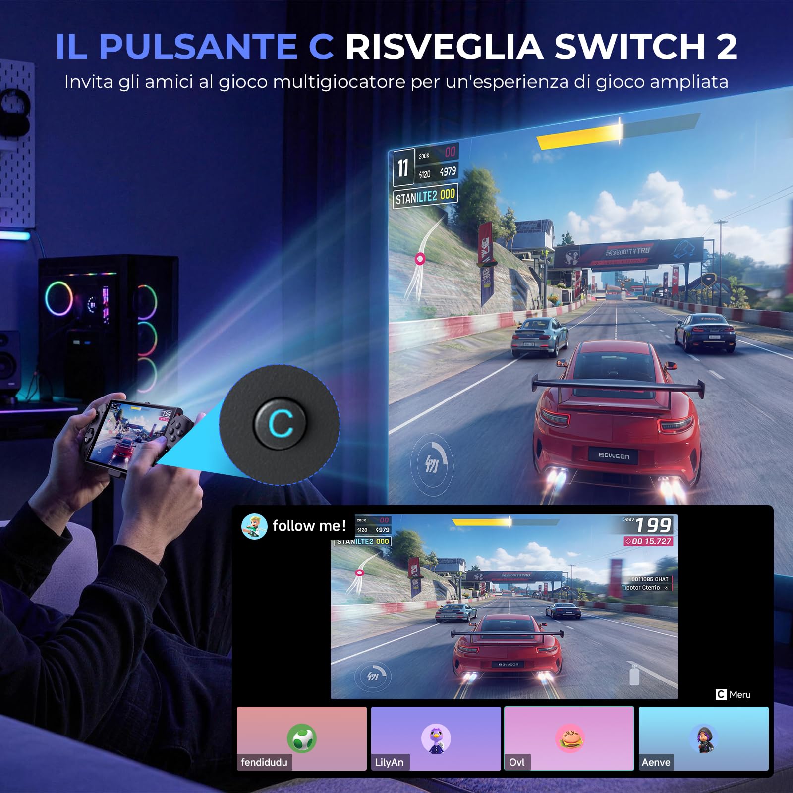 ECHTPower Controller per Switch 2, Gamepad Wireless con Pulsante C, Giroscopio a 9 Assi, Hall Joystick, Senza Deriva, Vibrazione, Turbo, Macro e Pulsanti Posteriori Programmabili, Ergonomico