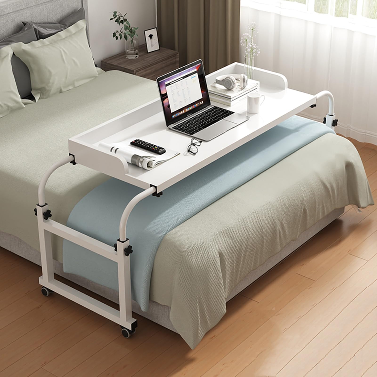 Table de lit avec roulettes, hauteur et longueur réglables, bureau médical roulant pour lit double/grand lit/king size, support pratique pour les repas et le travail