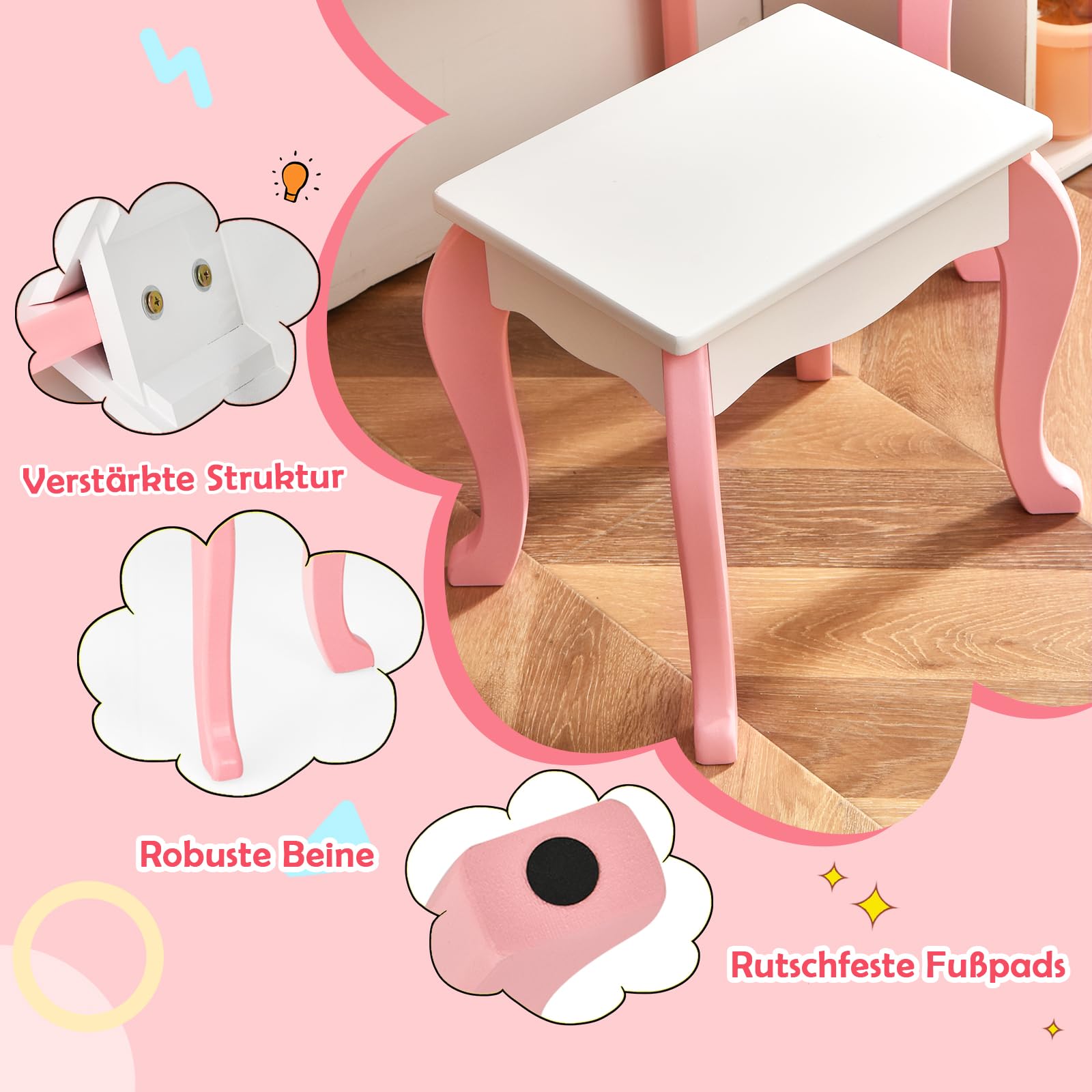 DREAMADE 2 in 1 Kinder Schminktisch mit Hocker & Abnehmbarer Spiegel, Prinzessin Frisiertisch Kosmetiktisch aus Holz, Kinderschminktisch mit 3 Schubladen für Kinder Mädchen ab 3 (Weiß)