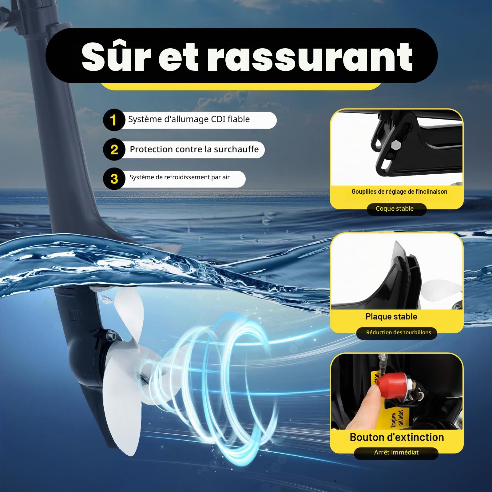 Moteur hors-bord à essence 4 temps 4 CV avec système de refroidissement à eau, allumage CDI, système de refroidissement à eau, vis de serrage de plaque arrière, pour bateaux gonflables, bateaux de