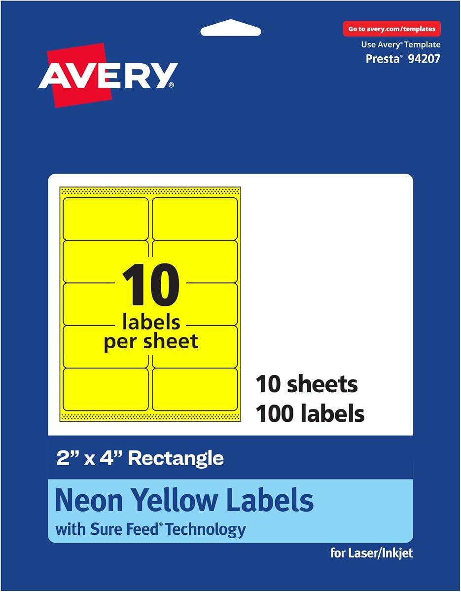 Etiquetas rectangulares imprimibles Avery, tecnología Sure Feed, 2" x 4", etiquetas amarillas neón, imprimibles con láser/inyección de tinta, 100 en total, ideales para envíos por correo y velas