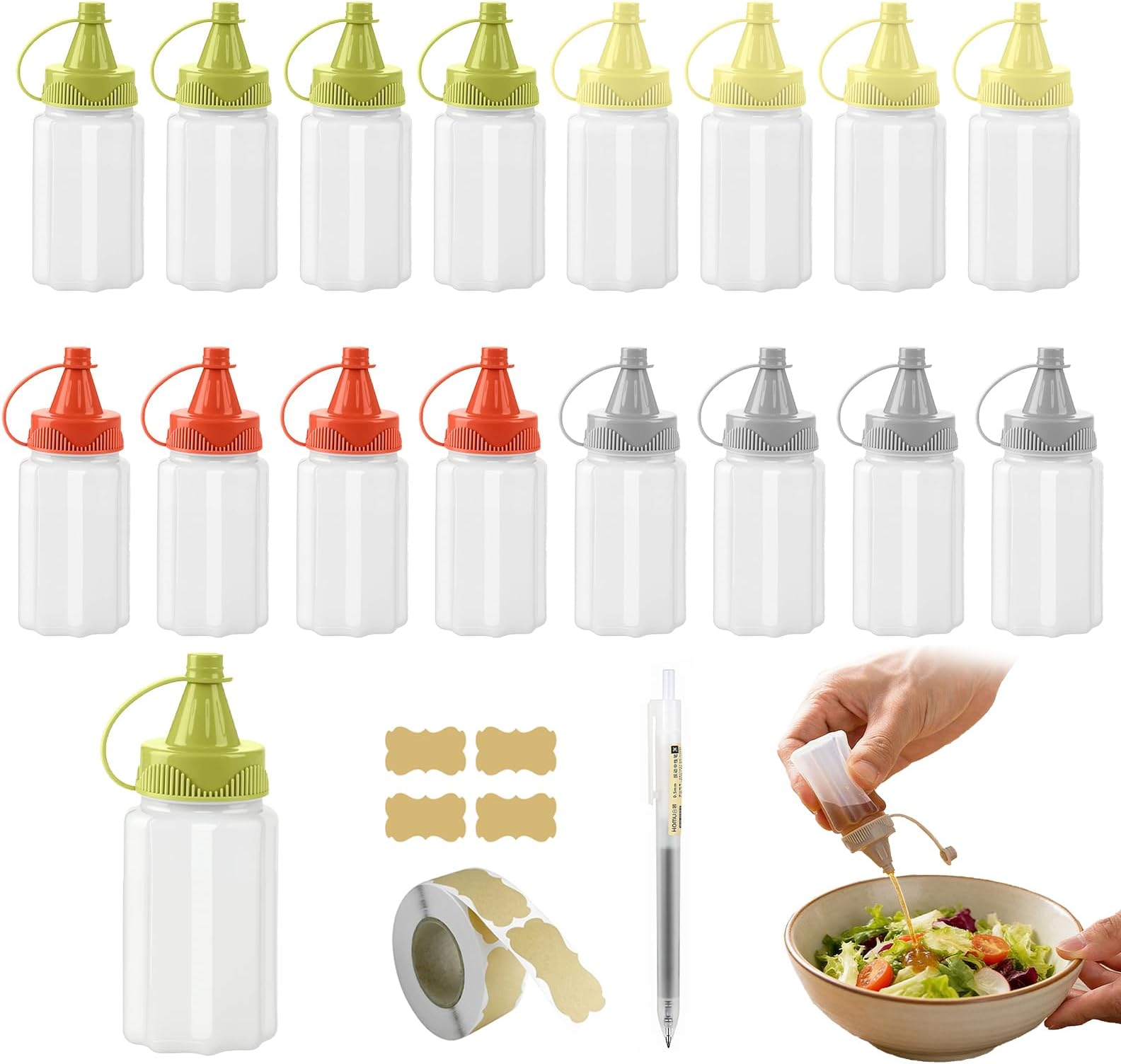 Mini Kitchen Sauce Bottles, 16 Pcs Mini Seasoning Squeeze Bottles, Squeezable Sauce Container, Mini Condiment Squeeze Bottles for Salad Dressing, Ketchup, Soy Sauce, Honey