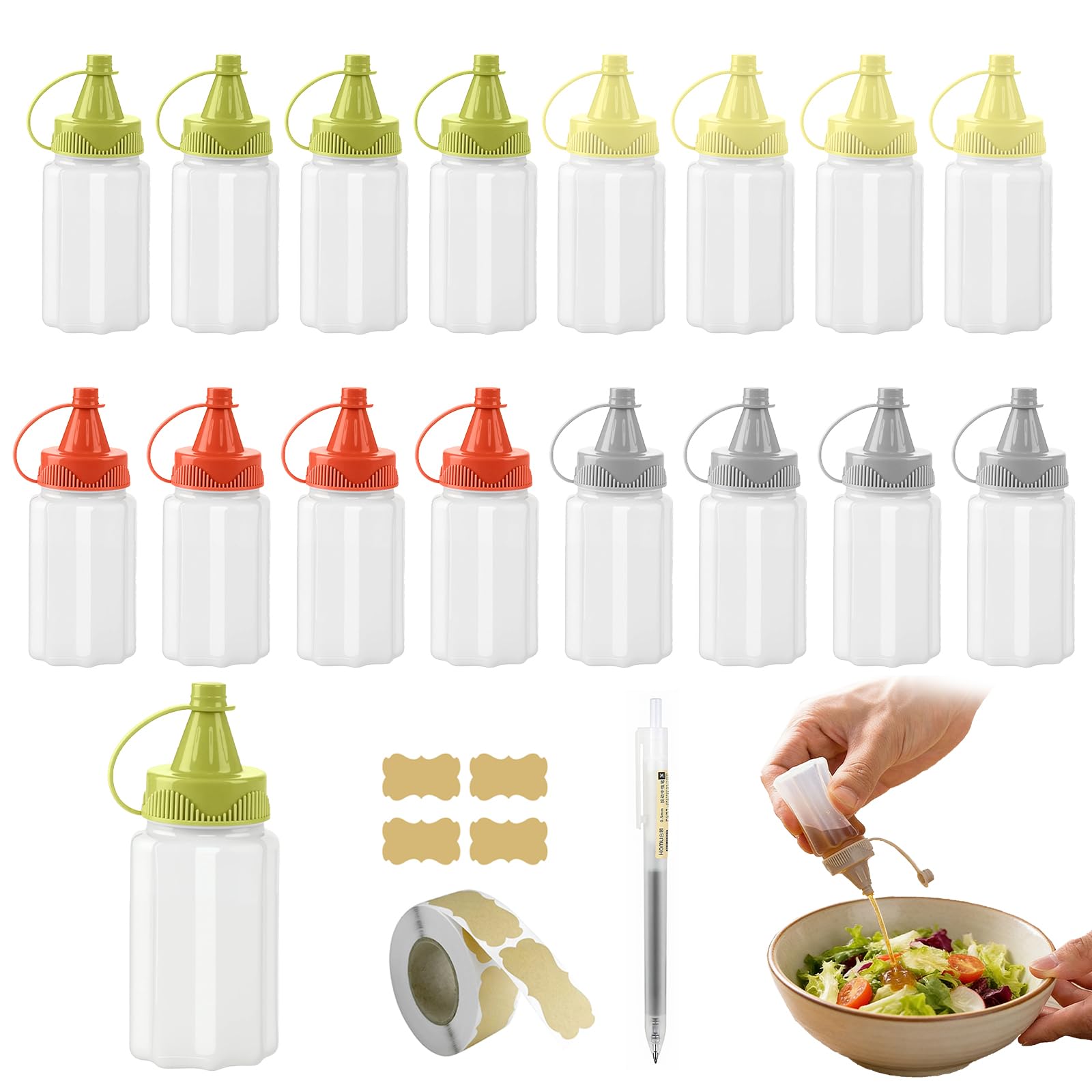 Mini Kitchen Sauce Bottles, 16 Pcs Mini Seasoning Squeeze Bottles, Squeezable Sauce Container, Mini Condiment Squeeze Bottles for Salad Dressing, Ketchup, Soy Sauce, Honey