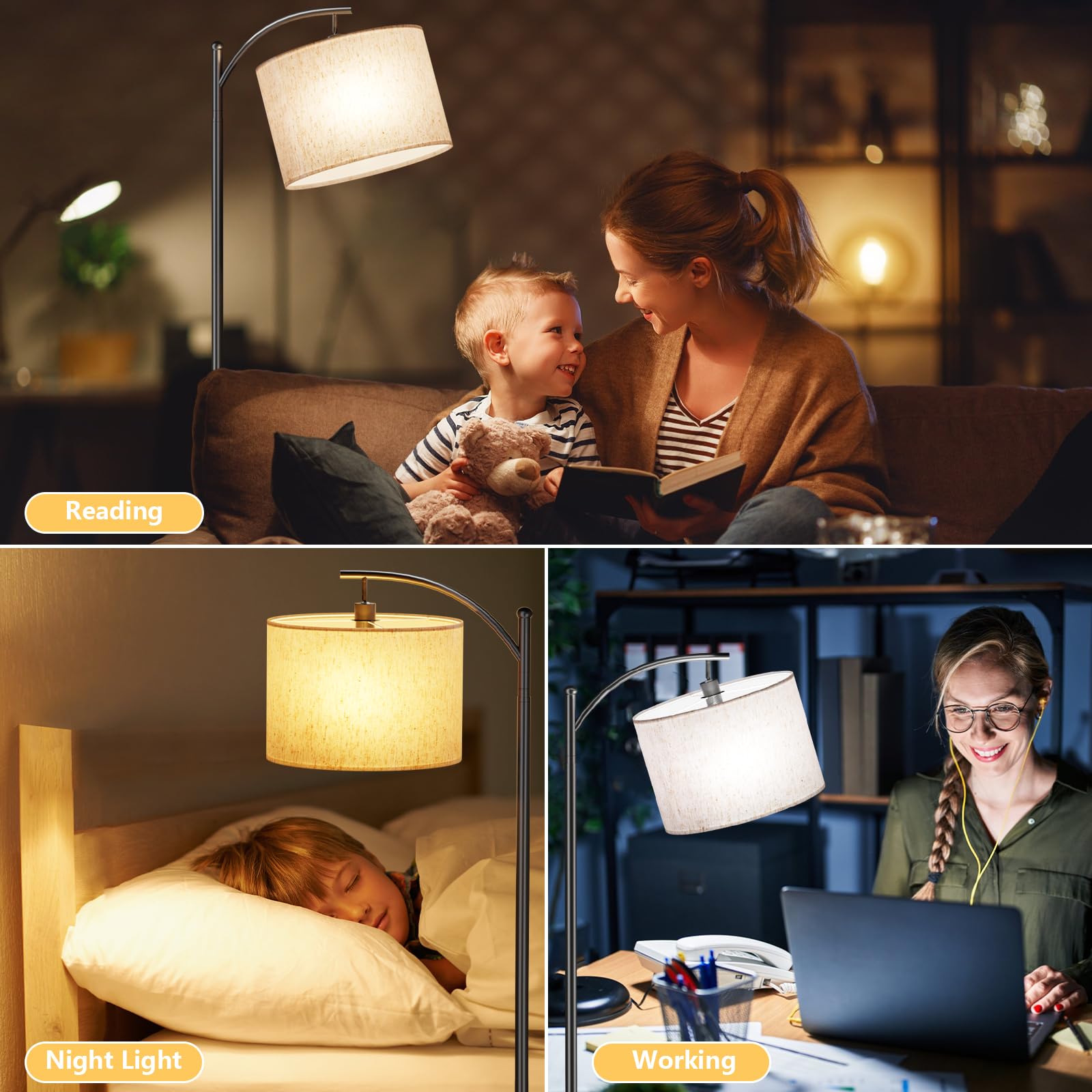 Stehlampe Wohnzimmer Dimmbar 160cm mit Fernbedienung, 3 Farbwechsel | Moderne Bogenlampe Wohnzimmer, mit Verstellem Beigen Leinen-Lampenschirm, Fußtaster, Metallaufbau, E27 Glühbirne Inklusive