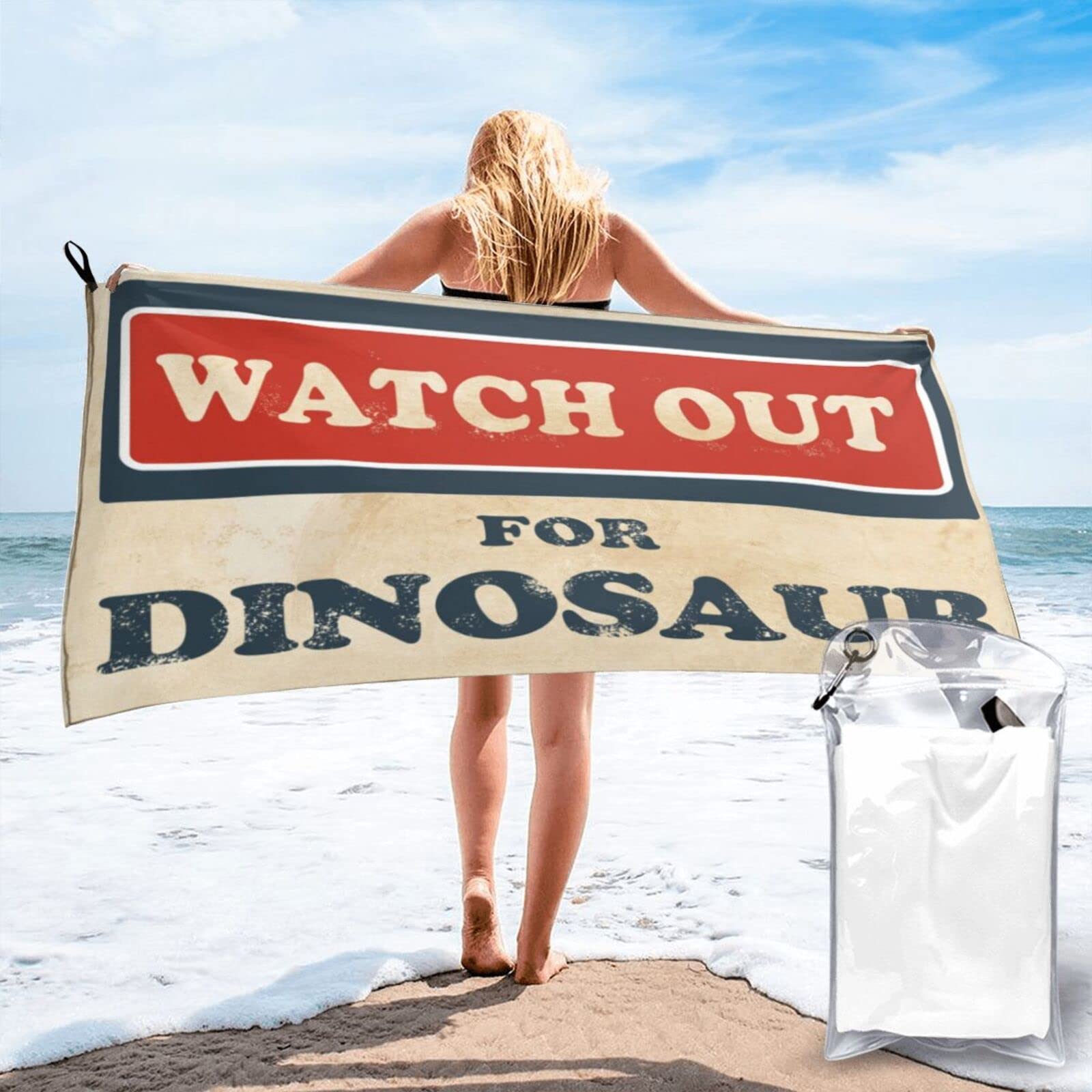 Lawenp Beware of Dinosaurs Microfiber Beach Towel Adults Large Quick Drying Bath Towel Travel Towels with Pouch 27.5"x55"