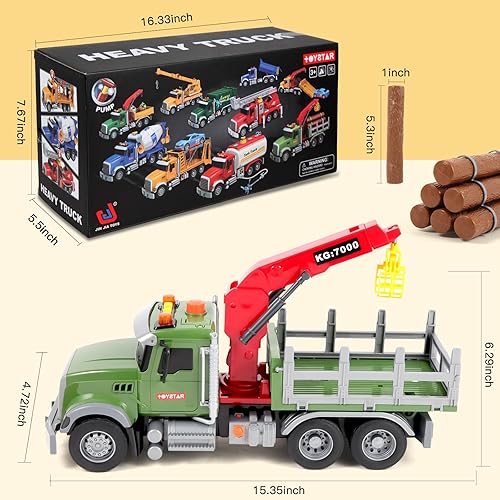 Miniatura 2 de Olbyefly Camiones para niños de 3 a 5 años, camión de madera grande de 15 pulgadas con grúa de carga y 6 maleteros, juguetes de camión para niños