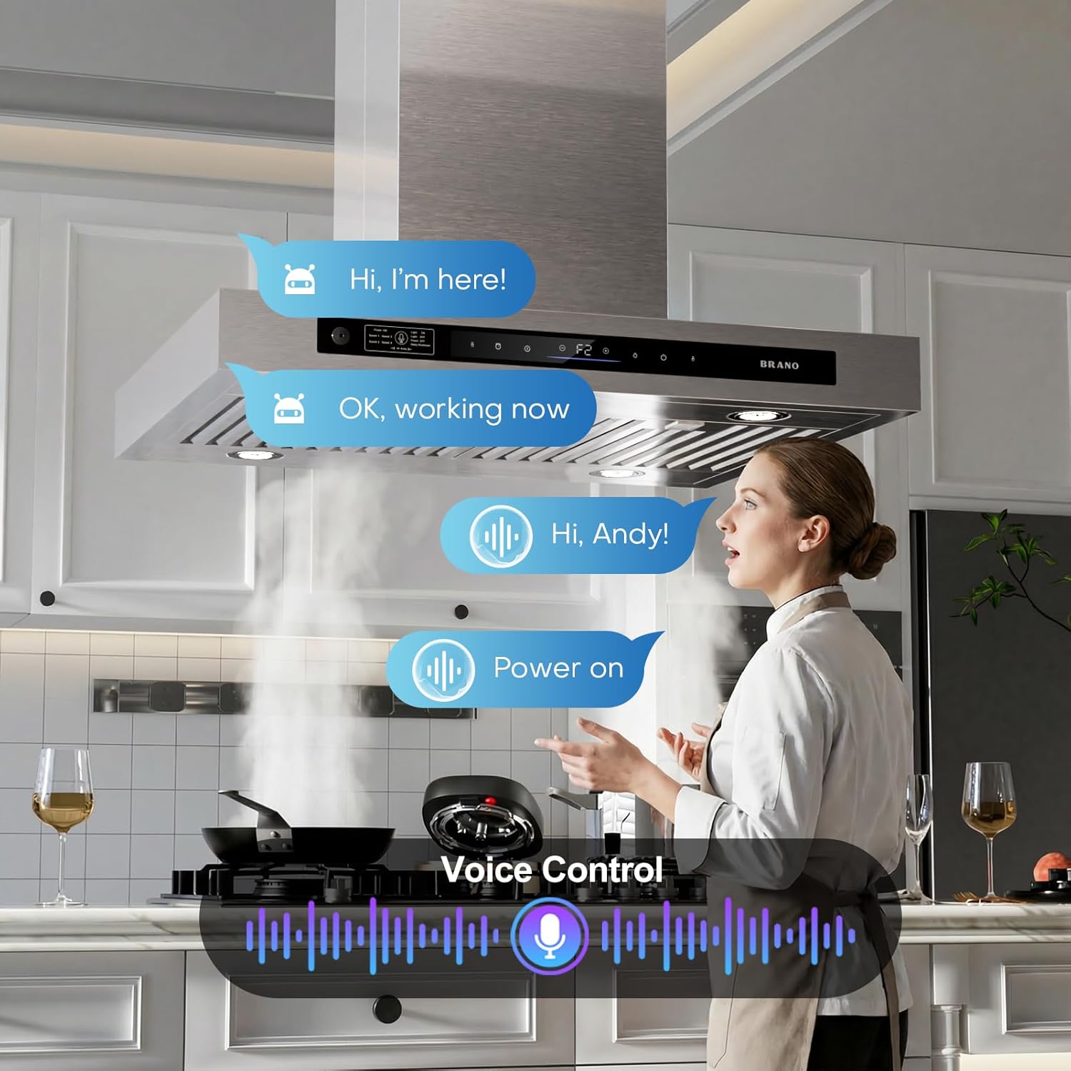 BRANO Island Range Hood 30 Inch with 900 CFM 4 Speeds，Voice/Gesture/Touch Control Kitchen Hood, Ducted/Ductless Convertible，Adjustable Lights Stainless Steel Vent Hood
