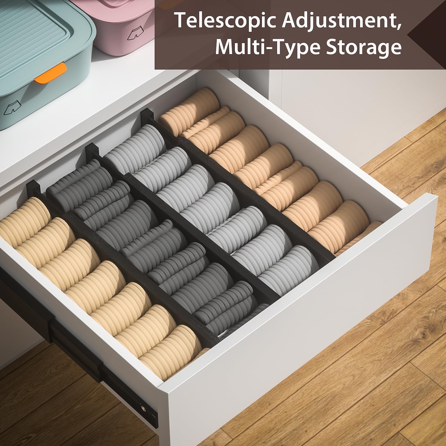 DUCOO 4 PCS Drawer Divider, 17"-22" Adjustable Bamboo Drawer Dividers Organizers, Expandable Separators for Kitchen, Clothes, Dressers, Home, Office, Black