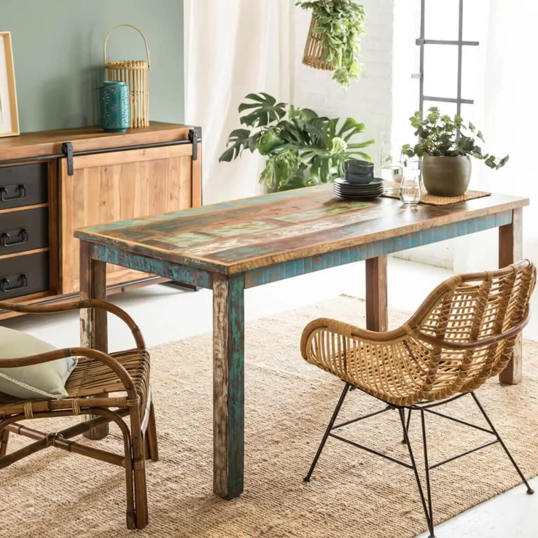 The Attic Oneworld Dining Table|Solid Wood Dining Table for 6|Sturdy ConstructionRecycled Wood Multicolor Eclectic Matte Finish-image-26