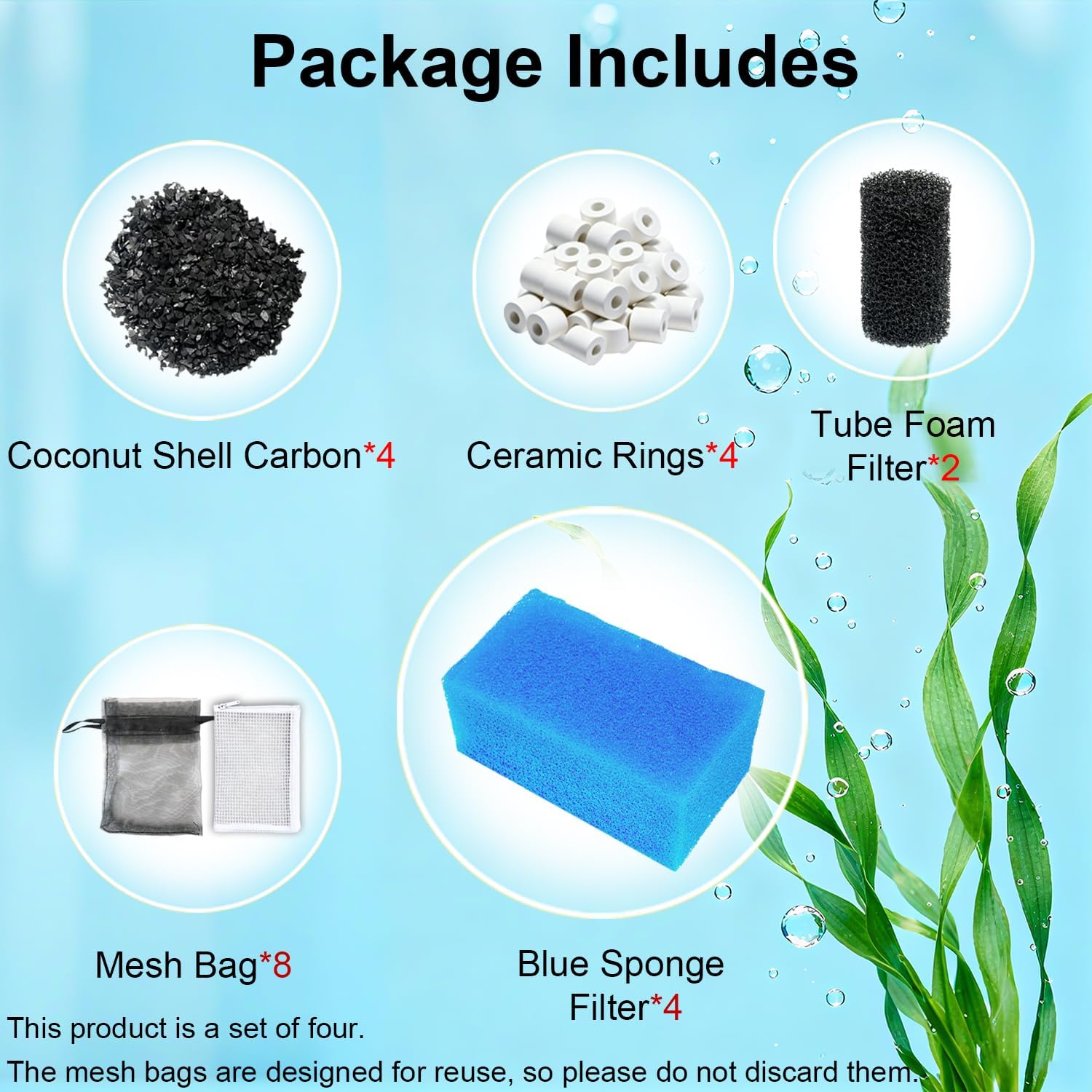 4 Sets Media Maintenance Kit Replacement for Fluval AC30/Aquaclear 30 Power Filter - for 10-30 Gallon Aquariums - Includes 4 Active Carbon, 4 Ceramic Rings, 2 Intake Strainer Sponges, 4 Foam