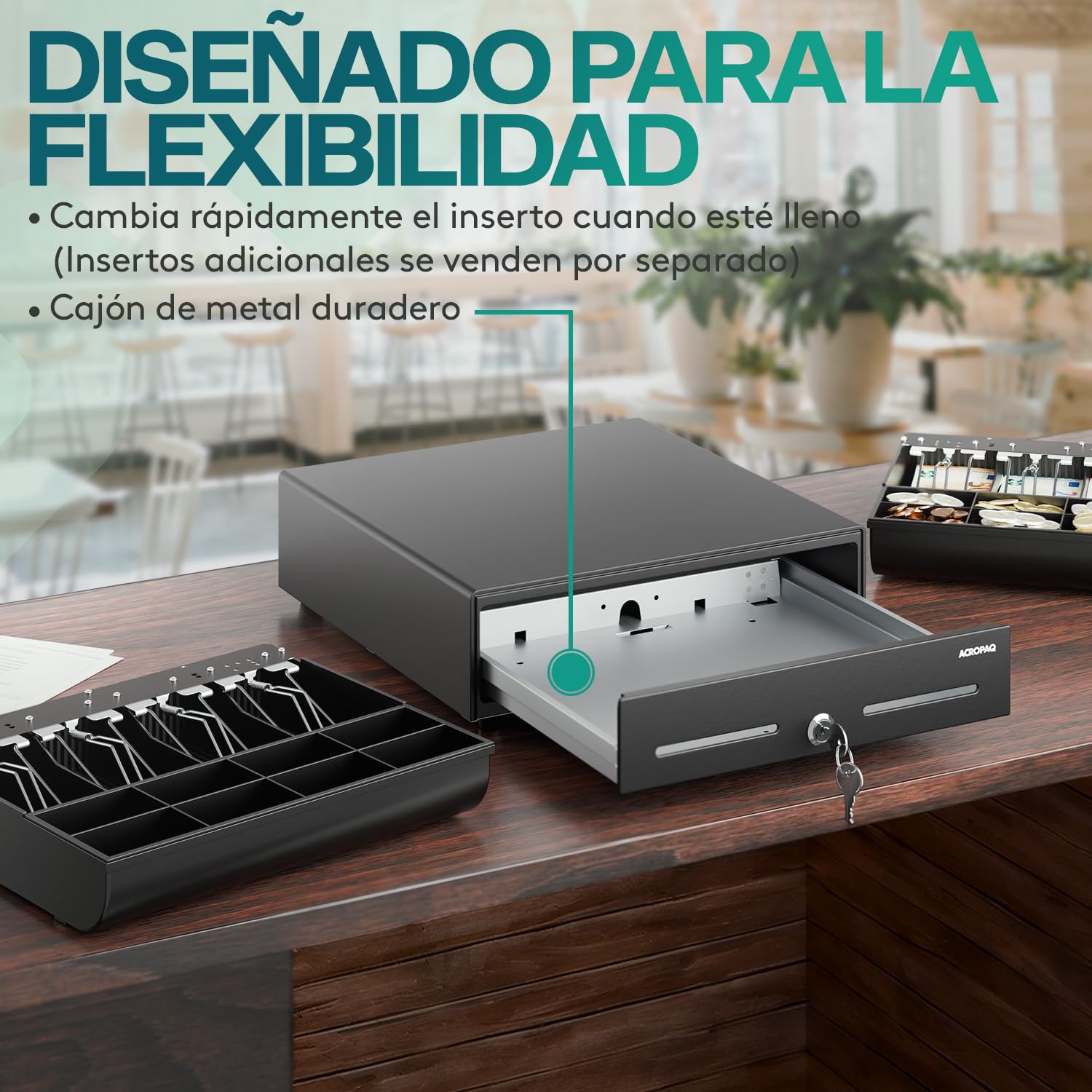 ACROPAQ Cajón portamonedas - Compatible con caja registradora RJ11, 4 compartimentos monedas y 8 billetes, (34 x 33 x 10 cm) Carcasa de metal resistente, Cajón metálico con inserto extraíble