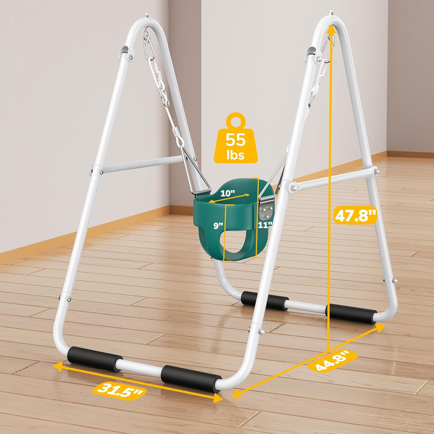Diagram showing the dimensions of the Hapfan Toddler Swing with Stand: 44.8 inches deep, 31.5 inches wide, and 47.8 inches high. The bucket seat dimensions are also shown as 10 inches wide and 9 inches deep with an 11-inch backrest.