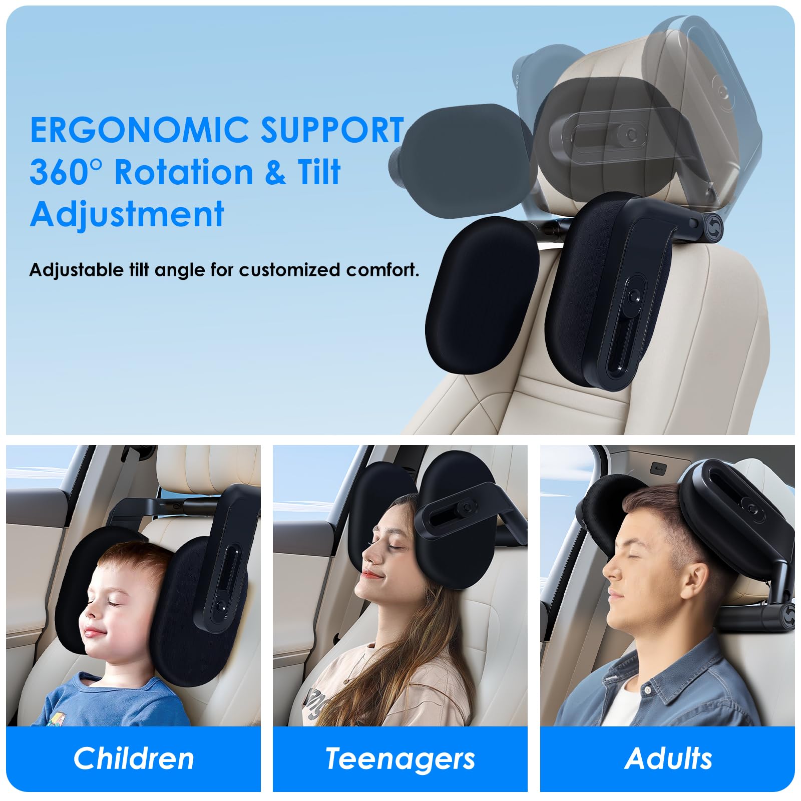 Appuie-Tête Voiture Enfant & Adulte | Cale Tête 360° Rotatif 2025 | Repose-Tête Mousse Mémoire | Mécanisme 3 Points | Pour Dormir en Voiture (Noir/lot de 1)