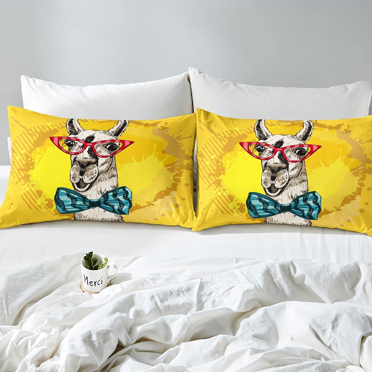 Loussiesd Lindo juego de ropa de cama Llama divertida Alpaca funda de edredón para niños niños adolescentes animales ropa de cama y ropa de cama cama amarilla y lino 3 piezas Super King