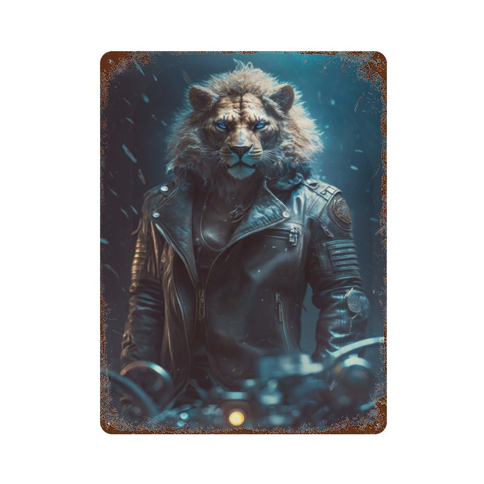 Motorcycle Club Lion 15.7"x11.8" Rusty Metal Tin Sign, Shabby Chic Decor for Bistro, Counter And Cafe Decor