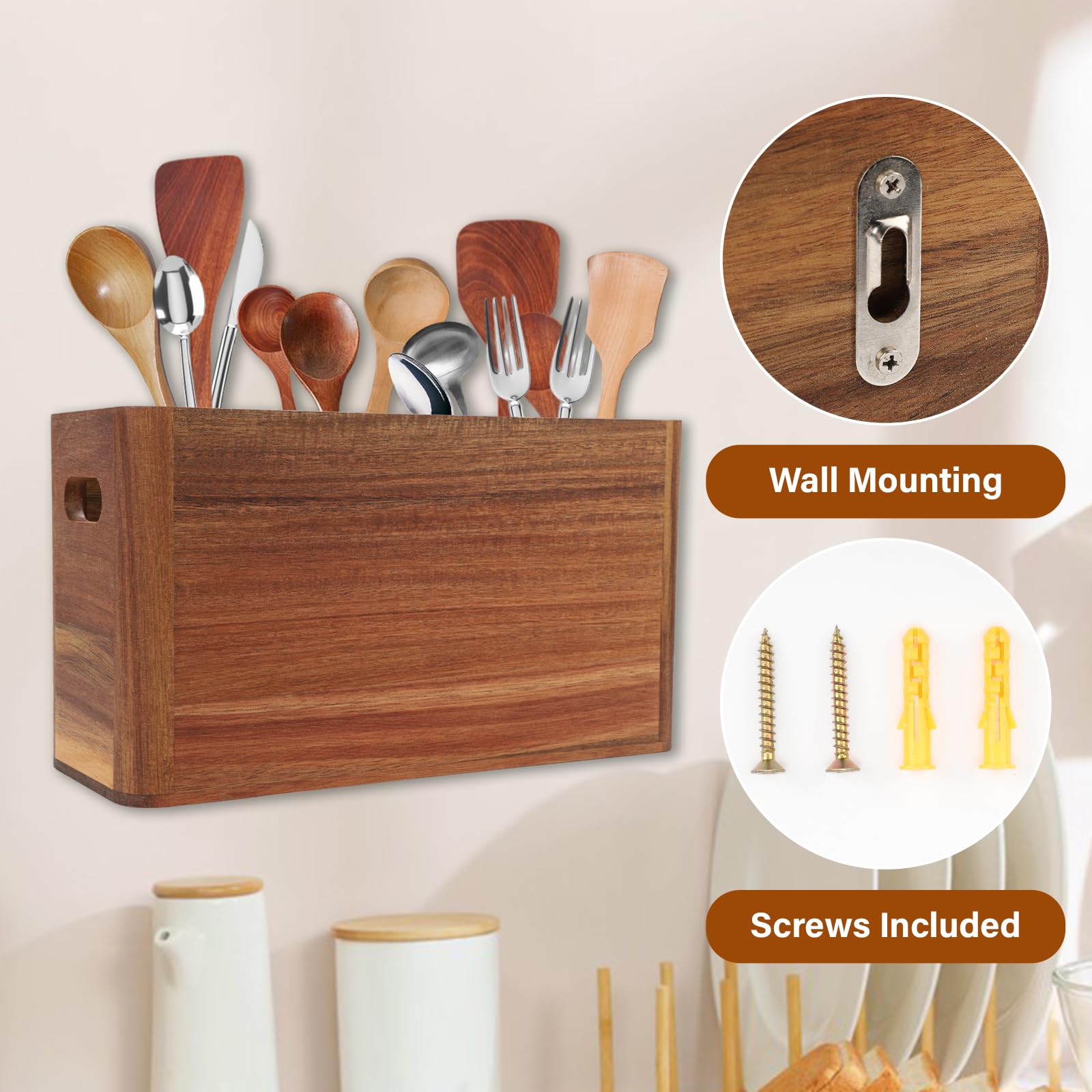 Bote para Utensilios de Cocina Madera, Portarcubiertos de Madera con 3 Compartimentos Recipiente para Utensilios de Cocina para Cucharas, Horquillas, Cuchillos y Almacenamiento de Utensilios