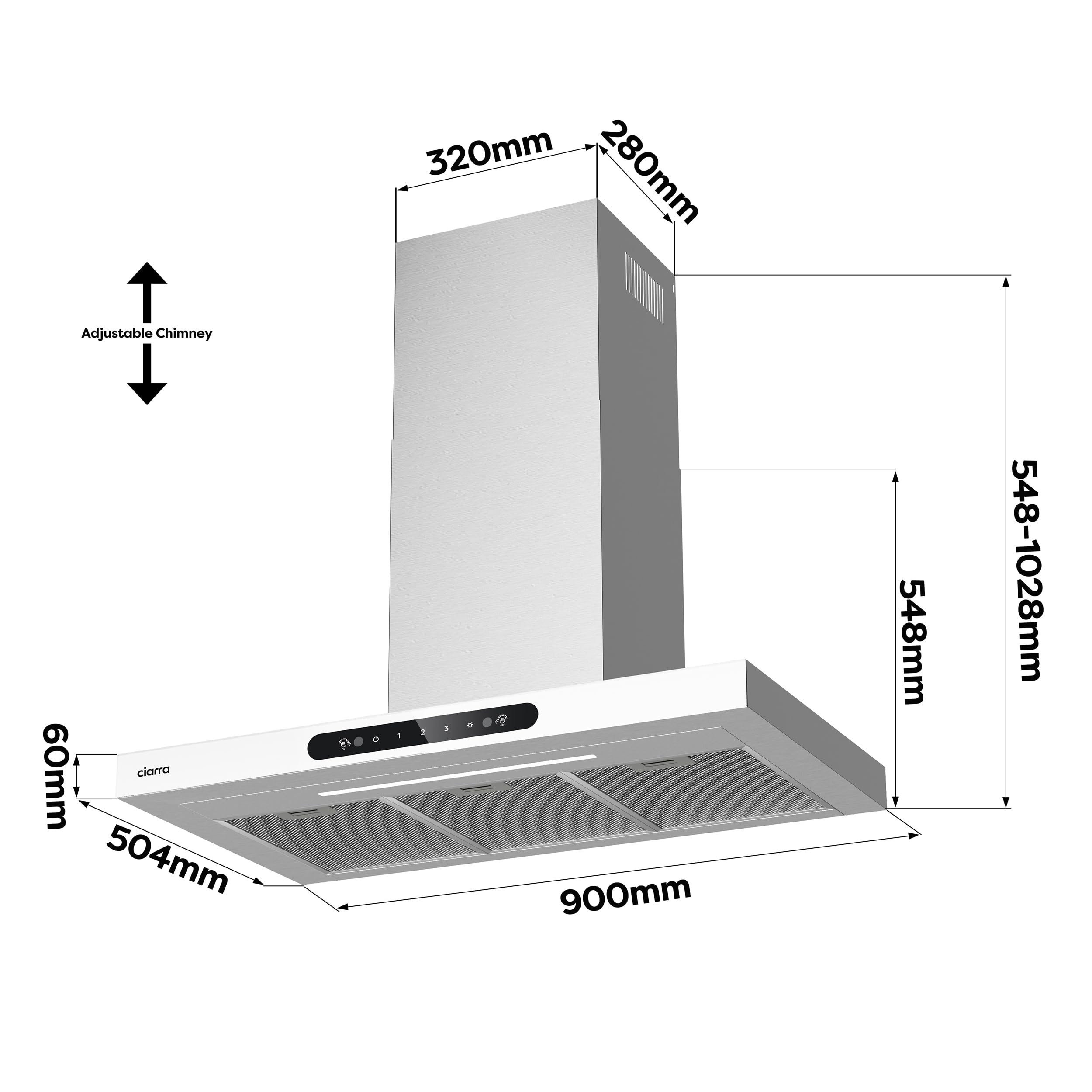 Ciarra AW9102-W Dynamic A+++ Campana extractora 90 cm Recirculación 693 m³/h 61 dB Control de gestos Campana de pared Acero inoxidable Vidrio Blanco