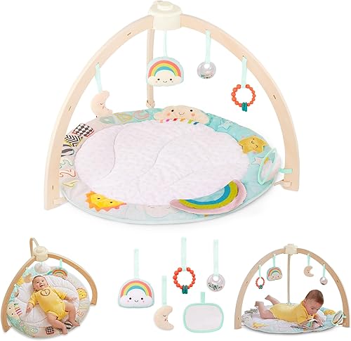 Miniatura 7 de B toys - Gimnasio de madera para bebés tapete de actividad cielo estrellado 3 juguetes sensoriales colgantes algodón orgánico madera natural bebés