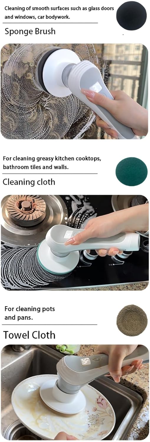 Cordless Cleaning Brush with 7 Replaceable Scrubber Heads, USB Charge Line Shower Cleaning Brush, Power Shower Scrubber with Long Handle for Floor/Kitchen/Window