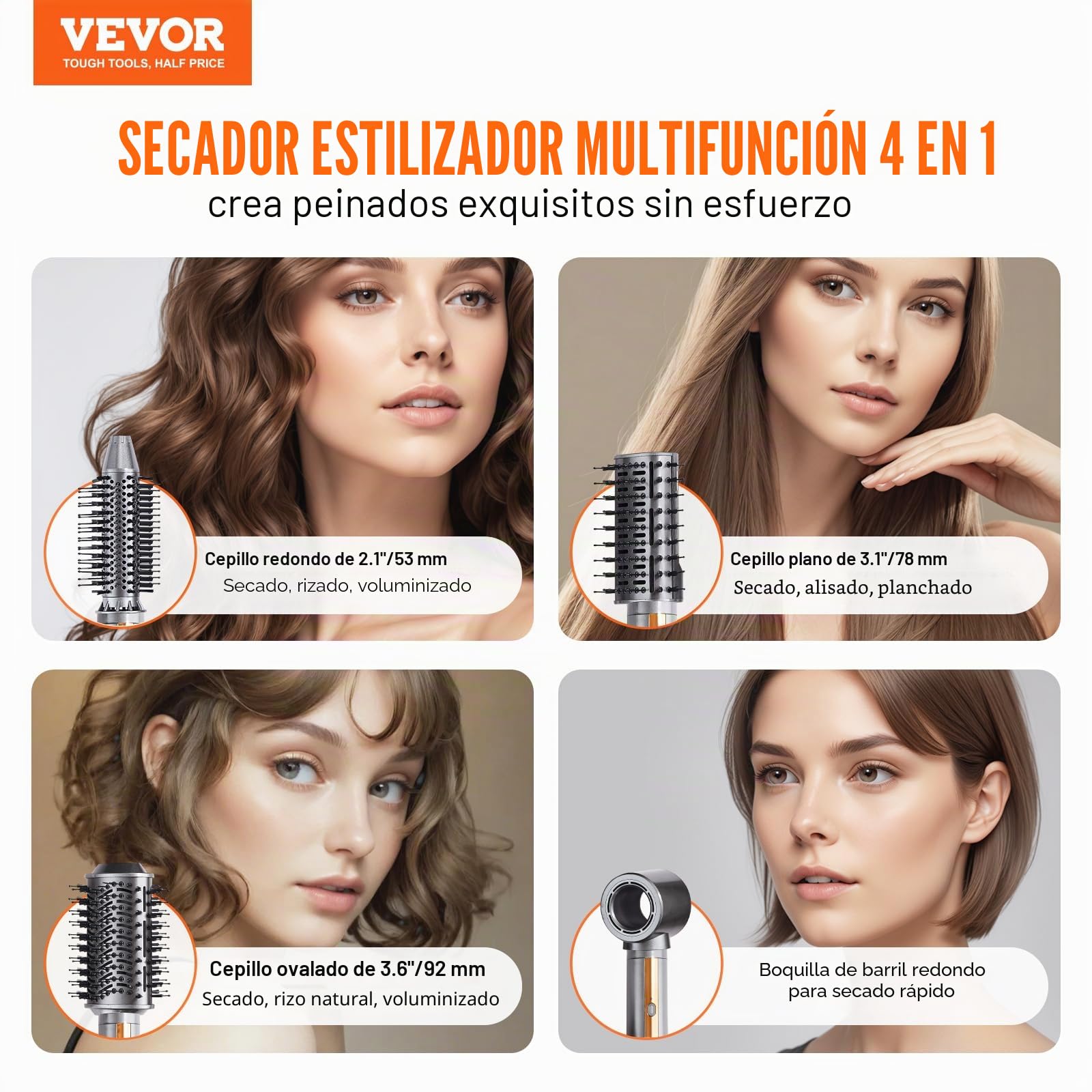VEVOR Cepillo Secador y Moldeador de Cabello Multifunción 4 en 1, 110 000 RPM con 3 Cepillos y 1 Boquilla, Cepillo Secador de 4 Temperaturas y 3 Velocidades a Rizar, Peinar y Dar Volumen, 330 x 52 mm