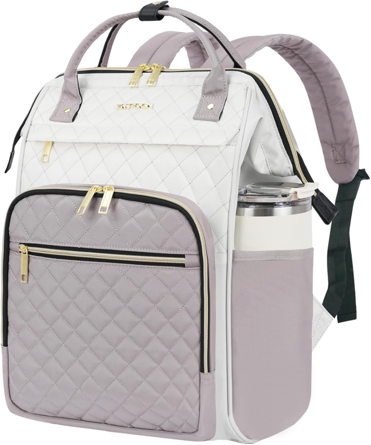 EMPSIGN 17 Inch Laptop Backpack for Women, Work Business Travel Computer College Bags, Large Capacity Water-repellent Quilted Casual Daypack, Beige-Light Green