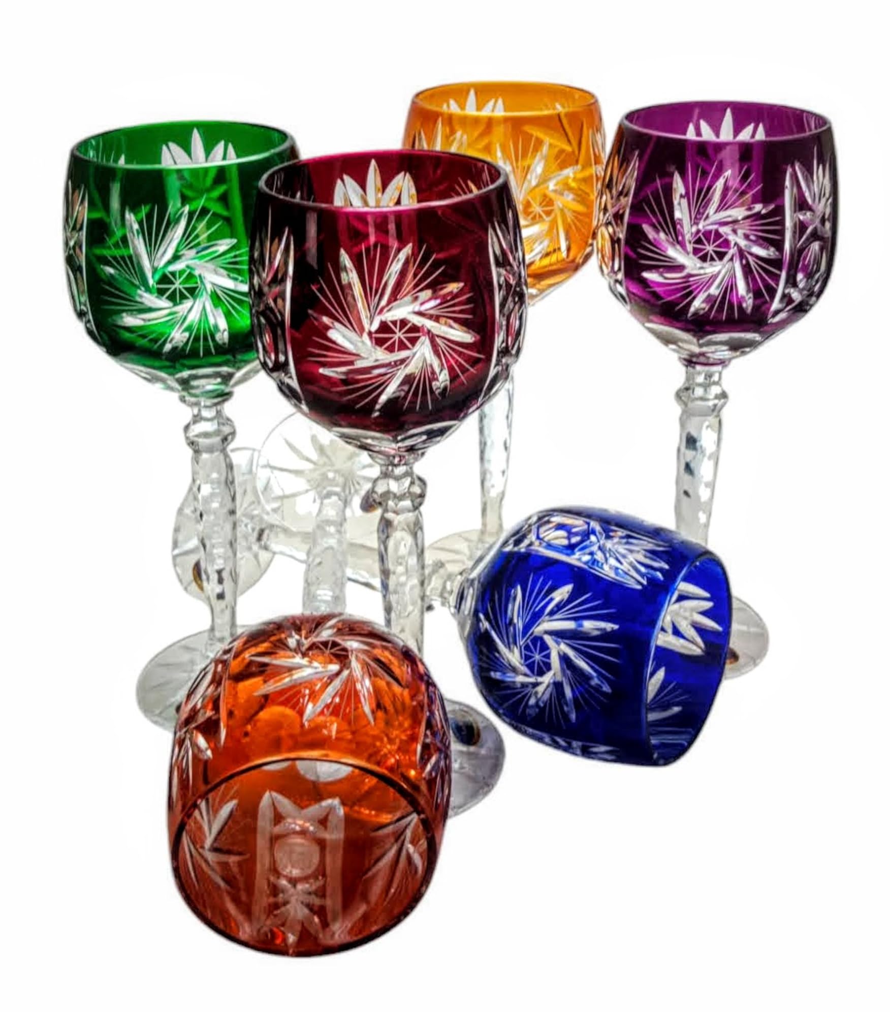 MaRika Lot de 6 verres à vin en cristal, 280 ml, multicolores, faits à la main, parfaits pour le vin rouge et le vin blanc, idée cadeau
