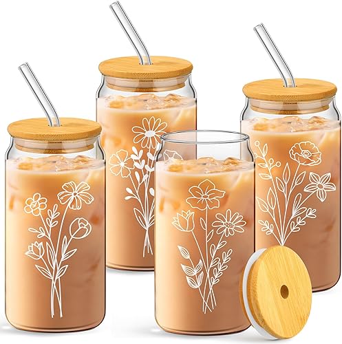Juego de 4 tazas de vidrio de café helado floral de 16 onzas con forma de lata con tapas de bambú y pajitas de vidrio estético para mujeres regalos Juego de 4 tazas de vidrio de café helado floral de 16 onzas con forma de lata con tapas de bambú y pajitas de vidrio estético para mujeres regalos