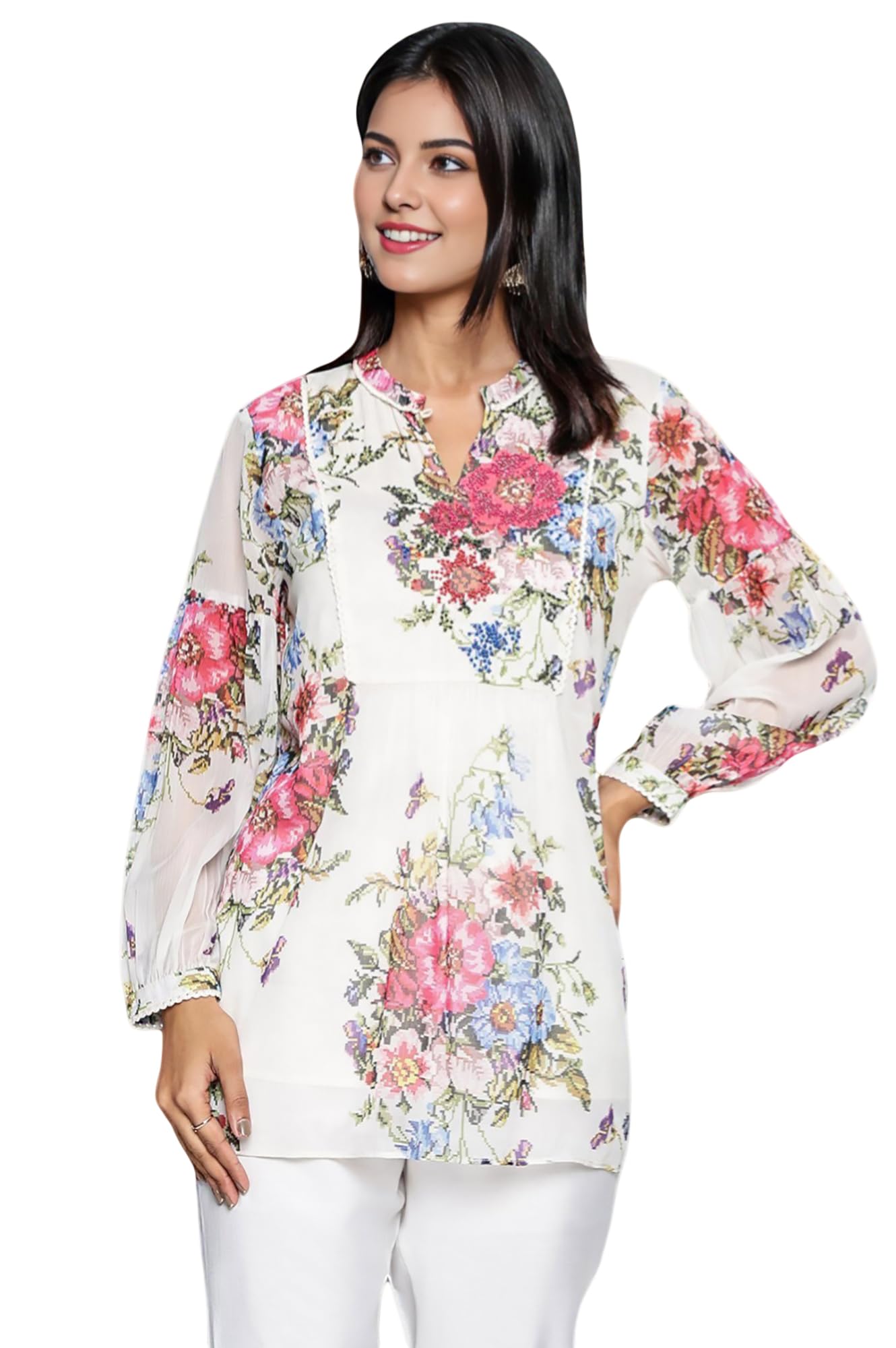 W for Woman Ecru Floral Printed Chiffon Straight Top-picture-10
