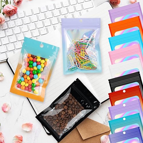 Miniatura 6 de 100 bolsas a prueba de olores, 4 tamaños, bolsas holográficas de Mylar resellables con ventana transparente, bolsas de embalaje a prueba de olores