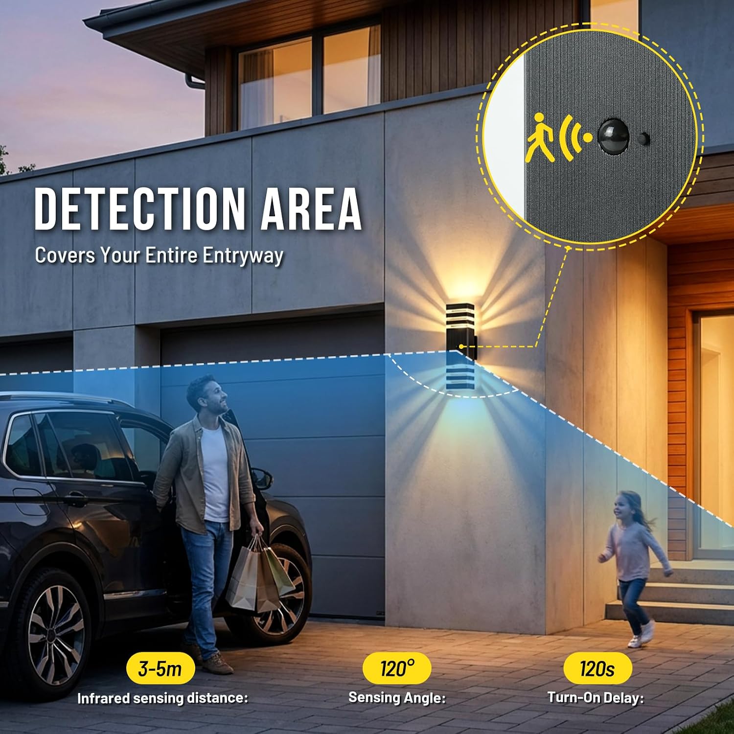 Motion Sensor Outdoor Lights, Dusk to Dawn Wall Lights 16 inch Aluminum Black Up and Down, IP65 Waterproof PIR Security Lights for Garage Porch, 2 Pack