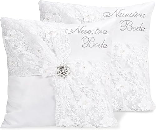 ESNOY Juego de 2 almohadas de rodilla para boda, 16 x 16 pulgadas, bordadas, de satén y encaje, color blanco/plateado