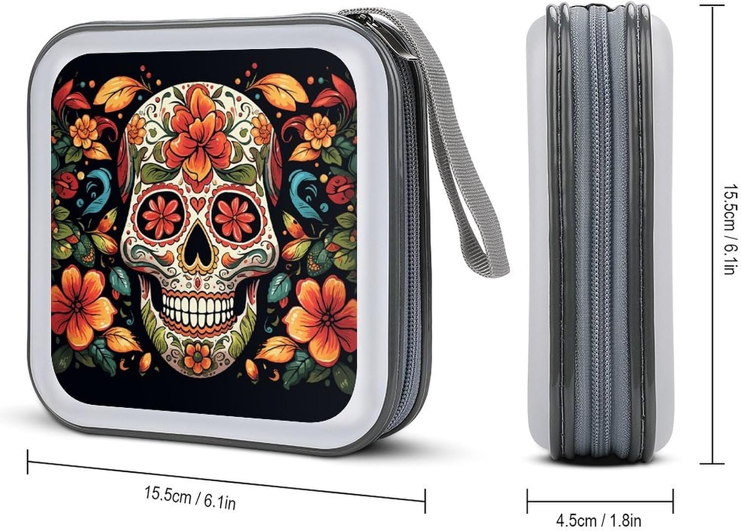 Colorful Sugar Skull DVD Storage Bags with Zipper, CD Portable Case Holder with Handles, Large Storage Stackable Media Binder for Travel, Cabinet, Home, Office, Car image 2