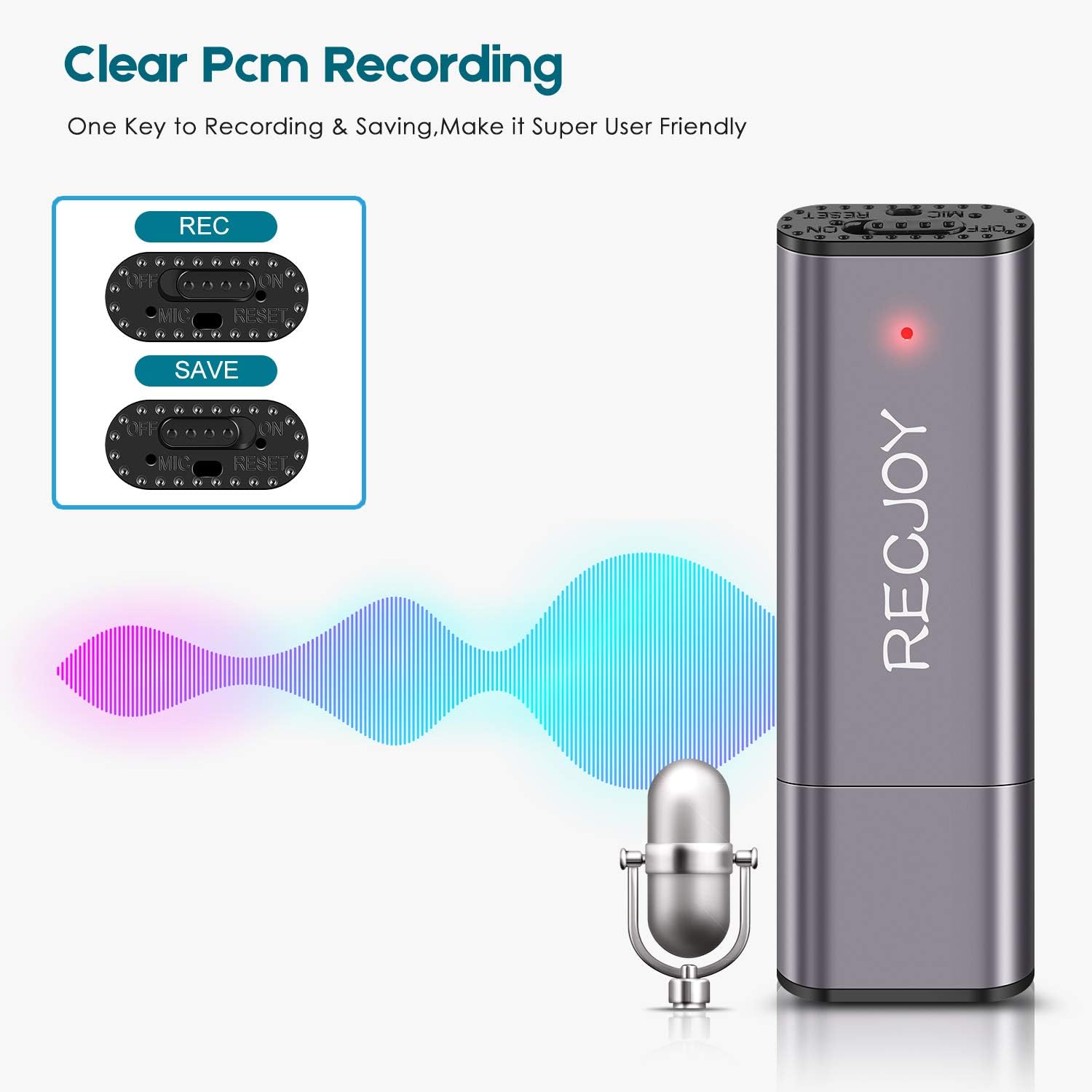 Diagram showing the RECJOY recorder with sound waves and a microphone icon, illustrating clear PCM recording and one-key operation.