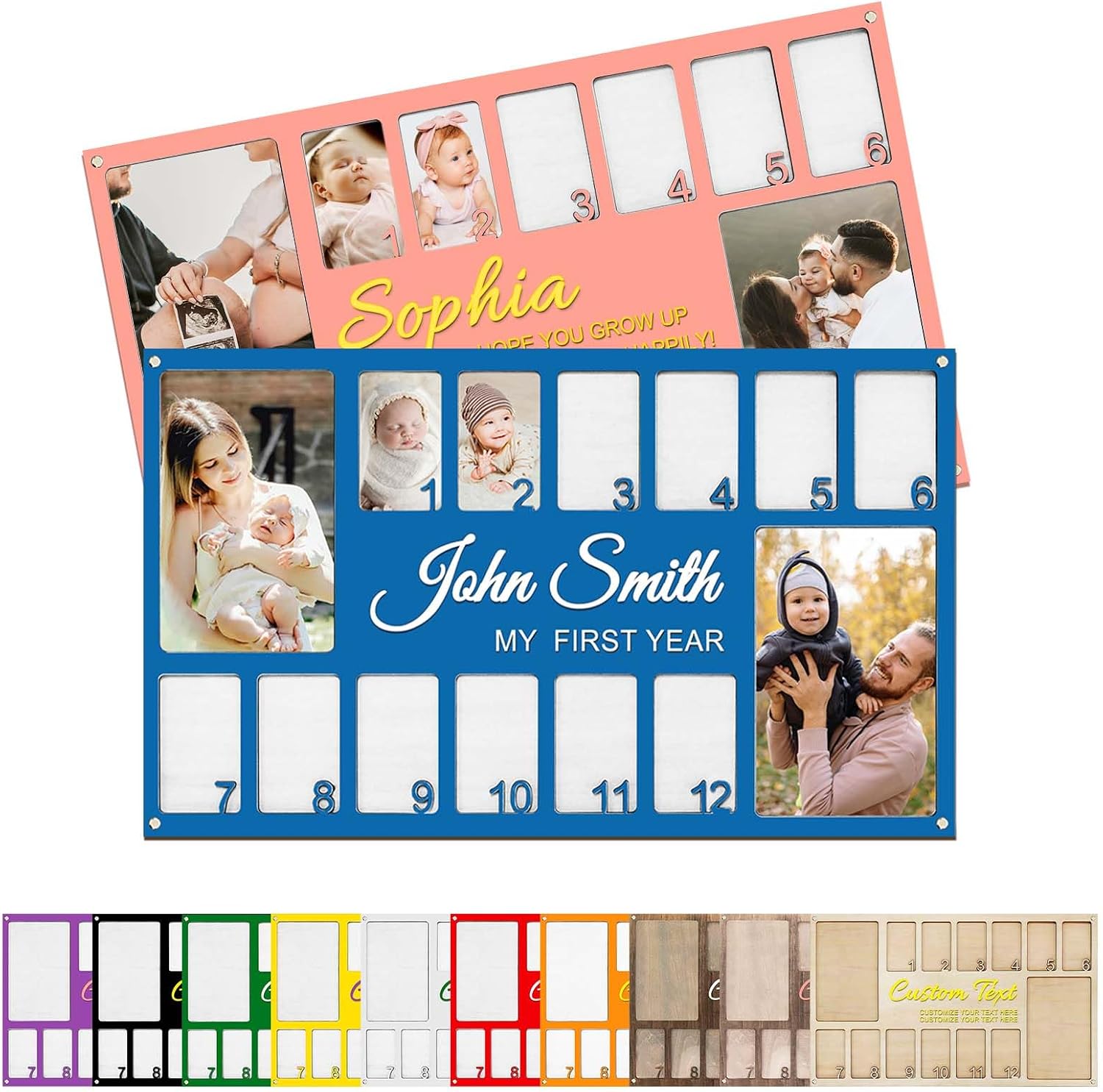 My First Year Photo Frame Personalized Wooden Photo Frame with Baby Name Picture Wood First Year Milestone Photo Frames 12 Monthly Picture Frames 1st Birthday Decorations Baby Keepsake Customized Gift