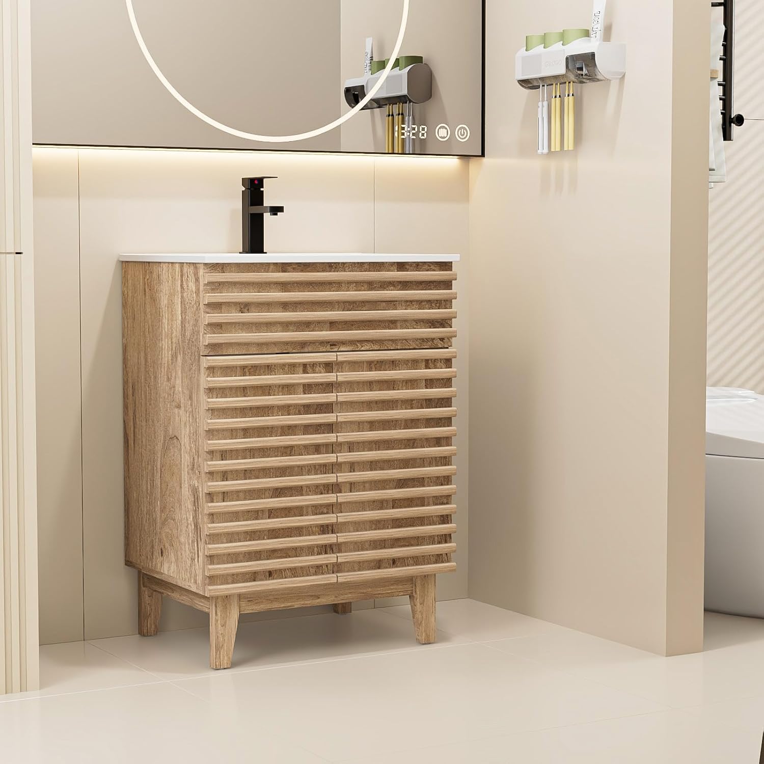 LUCKWIND 24" Bathroom Vanity with Sink Combo, Mid-Century Storage Cabinet with Wood Stripes, Ceramic Sink and Water Saving Faucet, Walnut