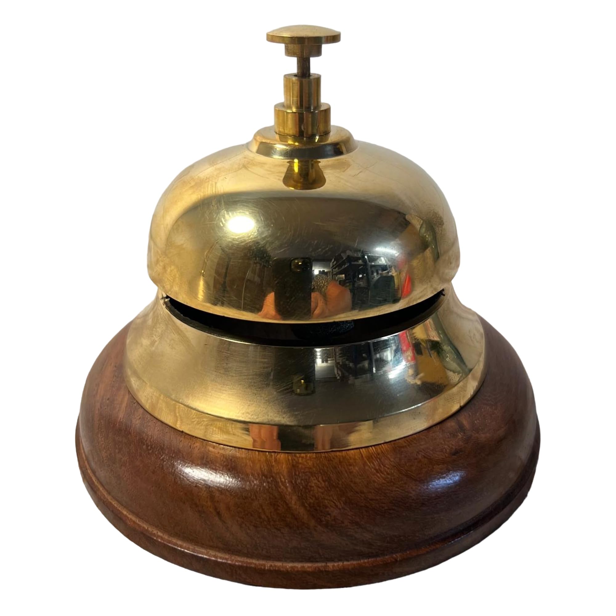 Elegant Brass Reception Desk Bell with Wooden Base - Ideal for Hotels Schools, and Restaurants (12cm W x 10cm H)