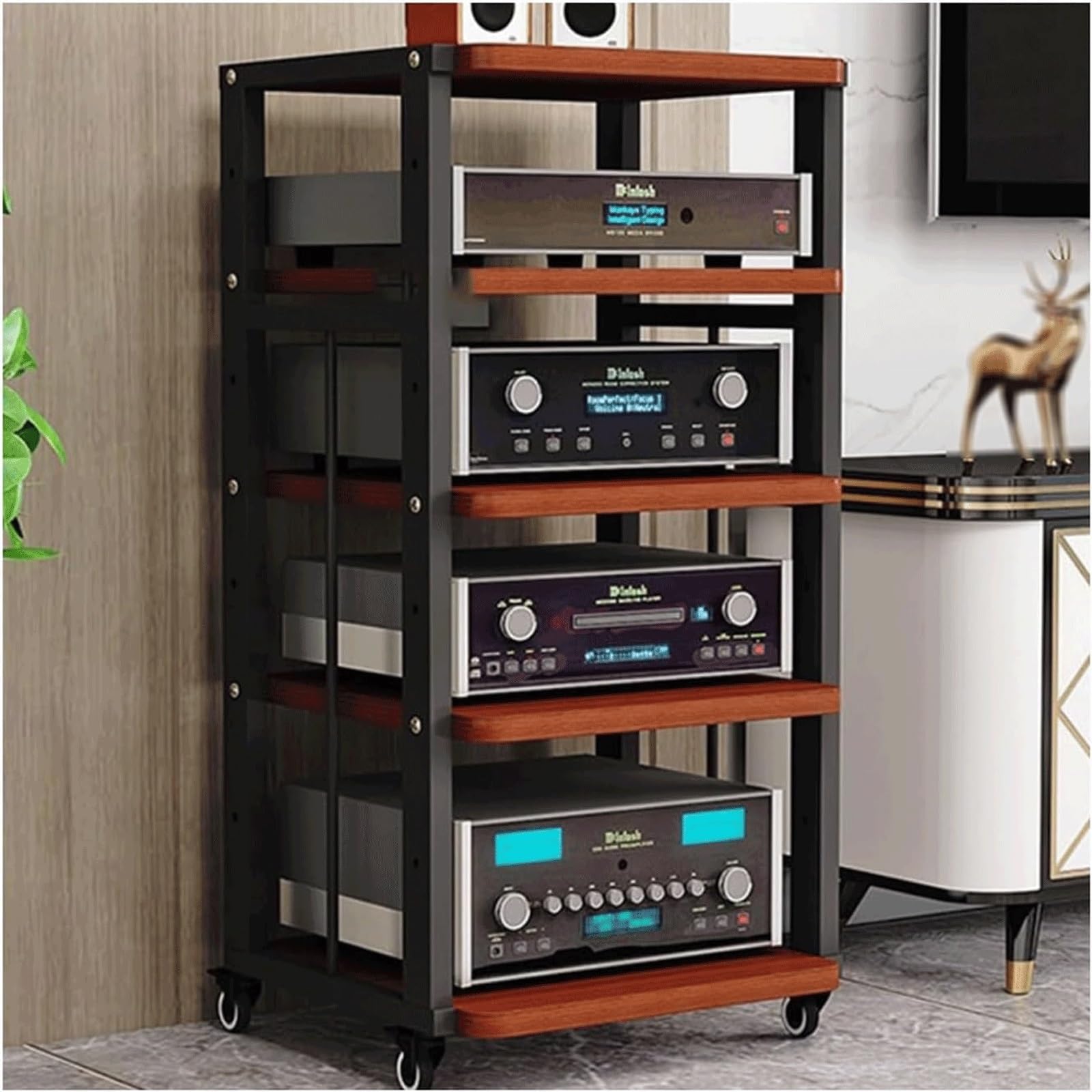 Regulowany stojak na audio z kółkami, 5-poziomowy stojak stereo na sprzęt AV, otwarta półka na audio-wideo, mobilny stojak stereo (czerwony)