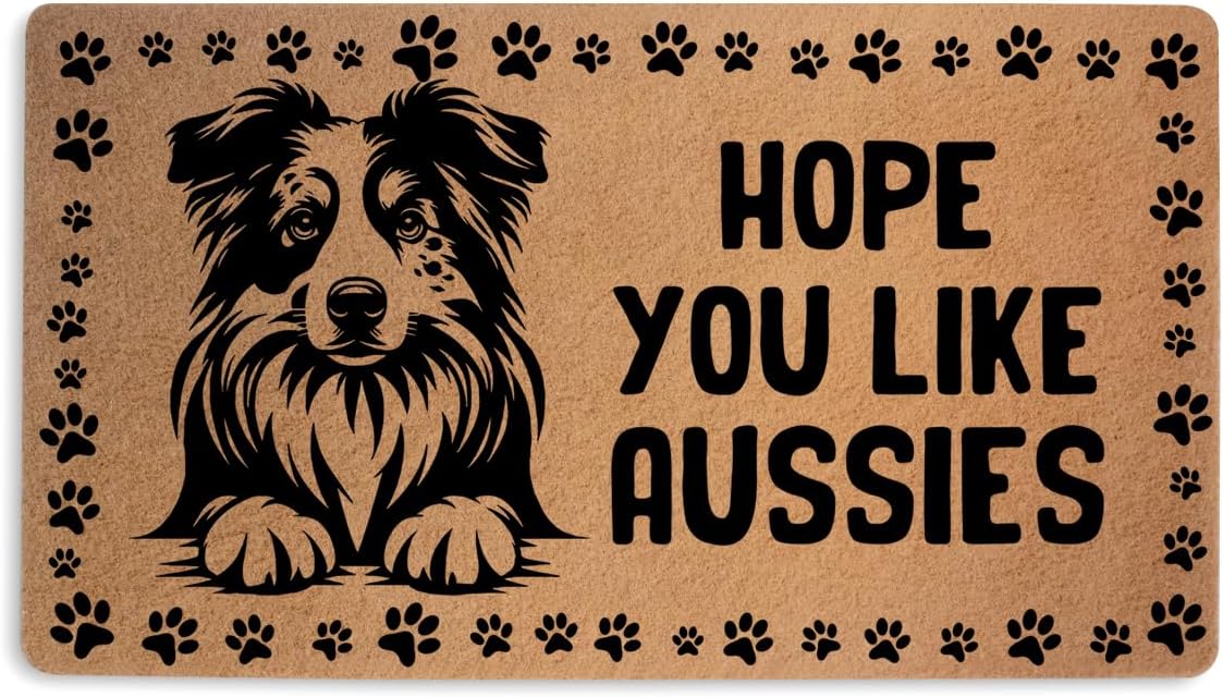 Aussies Dog Door Mat 18x30 Inch, Faux Coco Coir Doormat with Non-Slip PVC Backing, Dogs Printed Welcome Mat for Outdoor Indoor Entryway Porch Home, Dog Lover Gifts for Women, Hope You Like Aussies