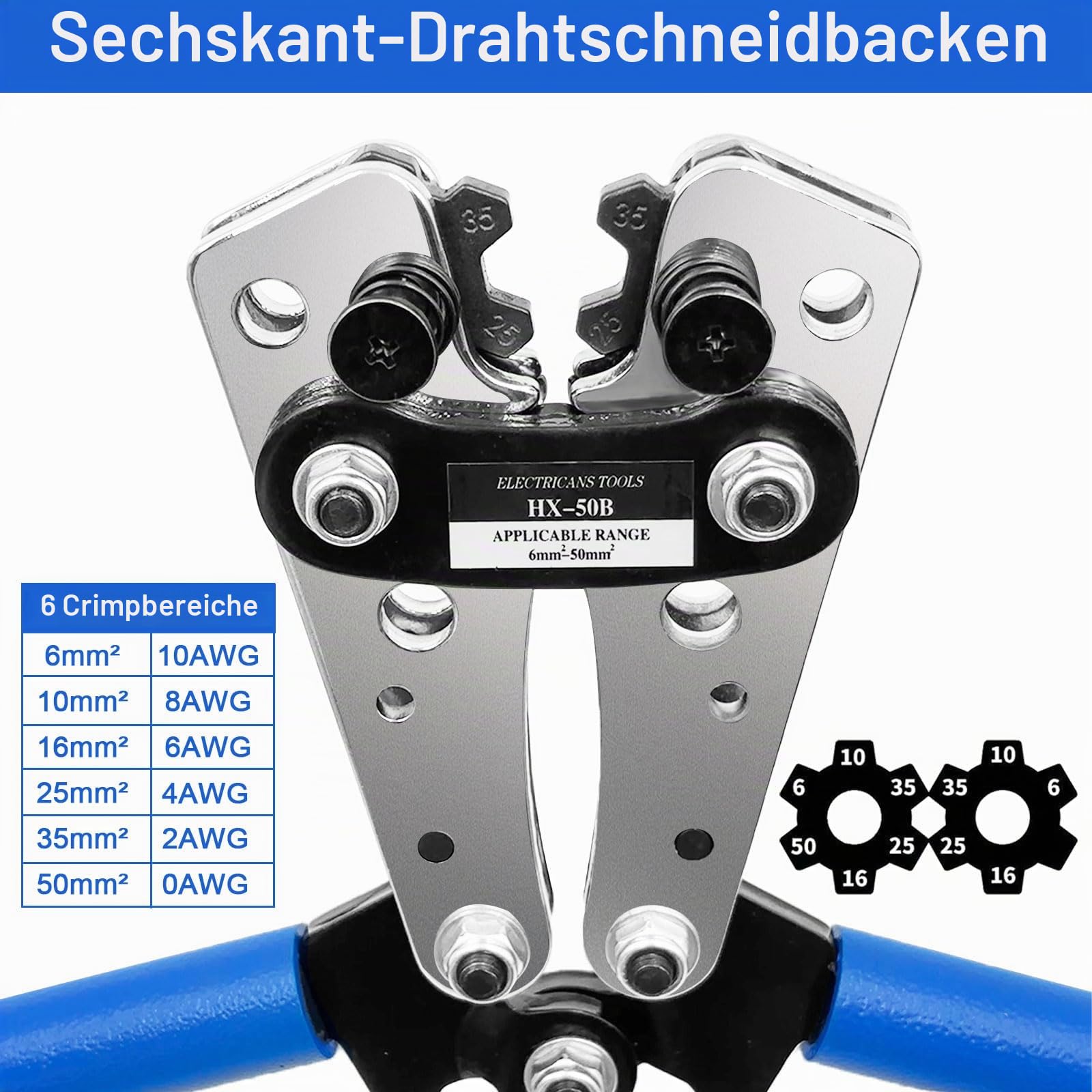 Batteriekabelschuh Crimpzange Set für 10-1/0 AWG (6-50mm²) - Inkl. 60 Kupferringklemmen + 60 Kabelschuhe, 8 Größen - Profi-Crimpwerkzeug für Autobatterie & Elektroinstallation